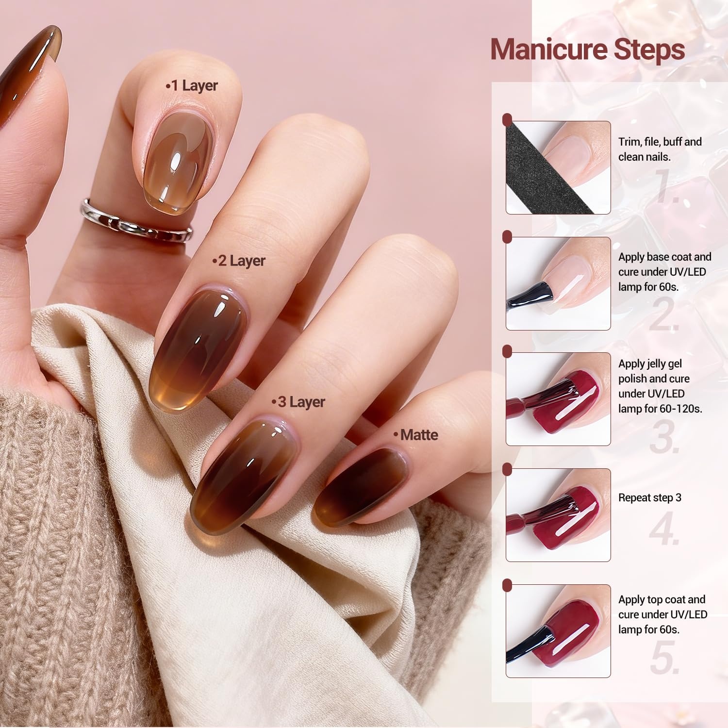 JODSONE 23 PCS Gel Nail Polish Set with Base Glossy and Matte Top Coat Multicolored Gel Nail Long Lasting Suitable for All Seasons(32COLOR-Jelly KIT-GD) - view 7
