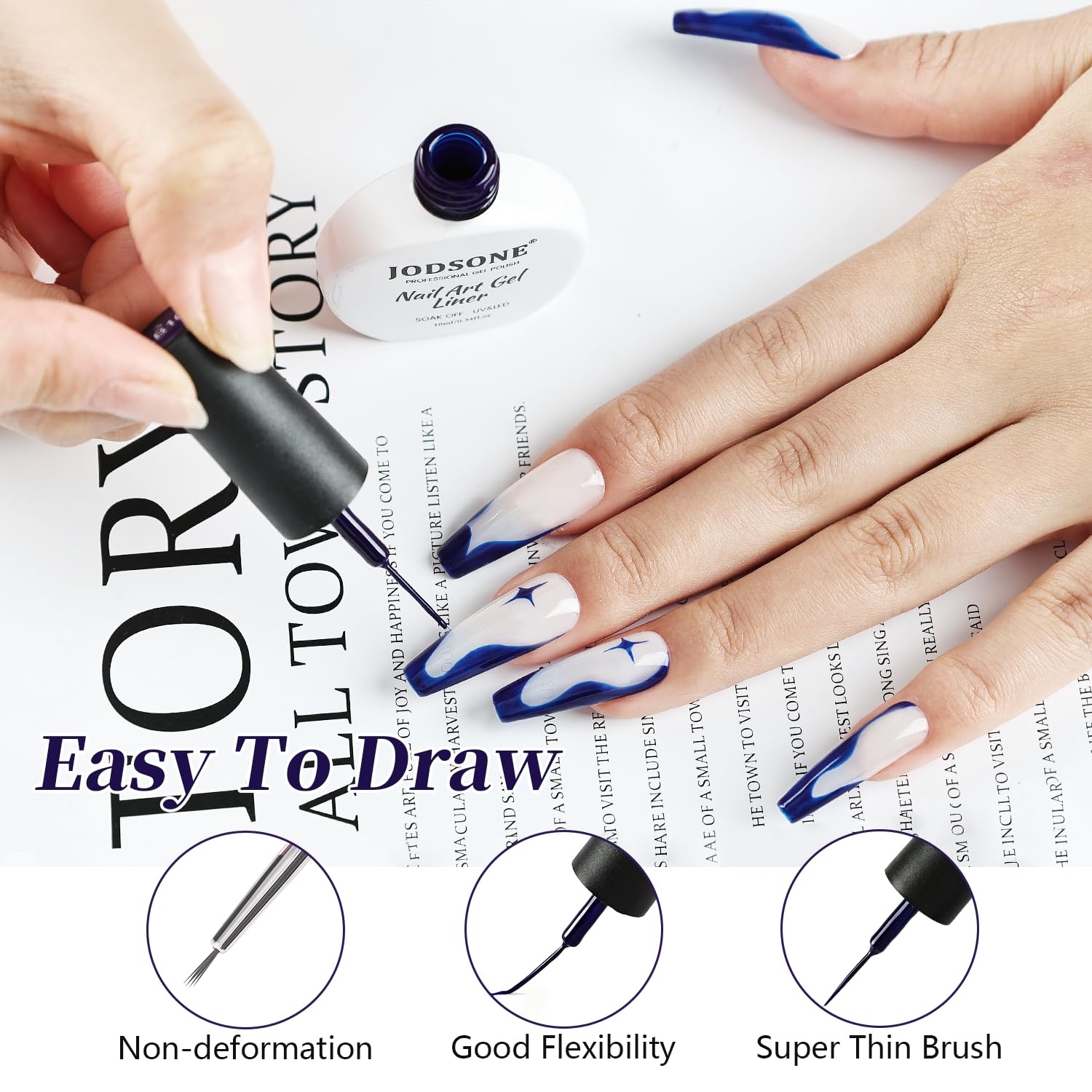 JODSONE Dark Blue Swirl Nail Art Liner Gel Polish,10ml Classic Color 3D Nail Art Pens Effect Nail Print Design with Thin Brush for French Tips Manicure Painting DIY at Home – LB10 - view 5