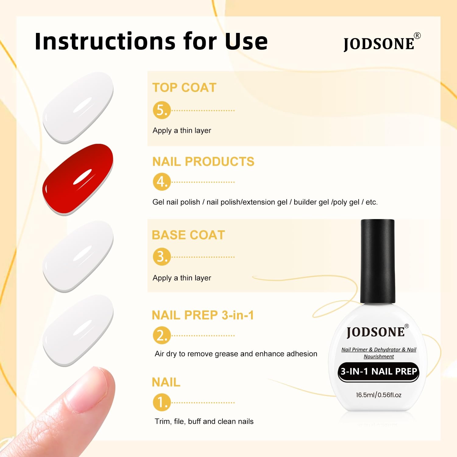 JODSONE 3Pcs 16.5ml Top Coat and Base Coat Set with Gel Nail Remover No Wipe Top Coat Base Need U V Lamp Cured Gel Nail Remover for Quick and Easy Removal At Home(GN015) - view 6