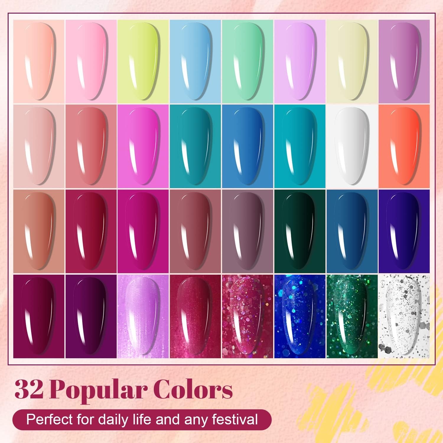 JODSONE 23 PCS Gel Nail Polish Set with Base Glossy and Matte Top Coat Multicolored Gel Nail Long Lasting Suitable for All Seasons(32KIT 1G 05-A)