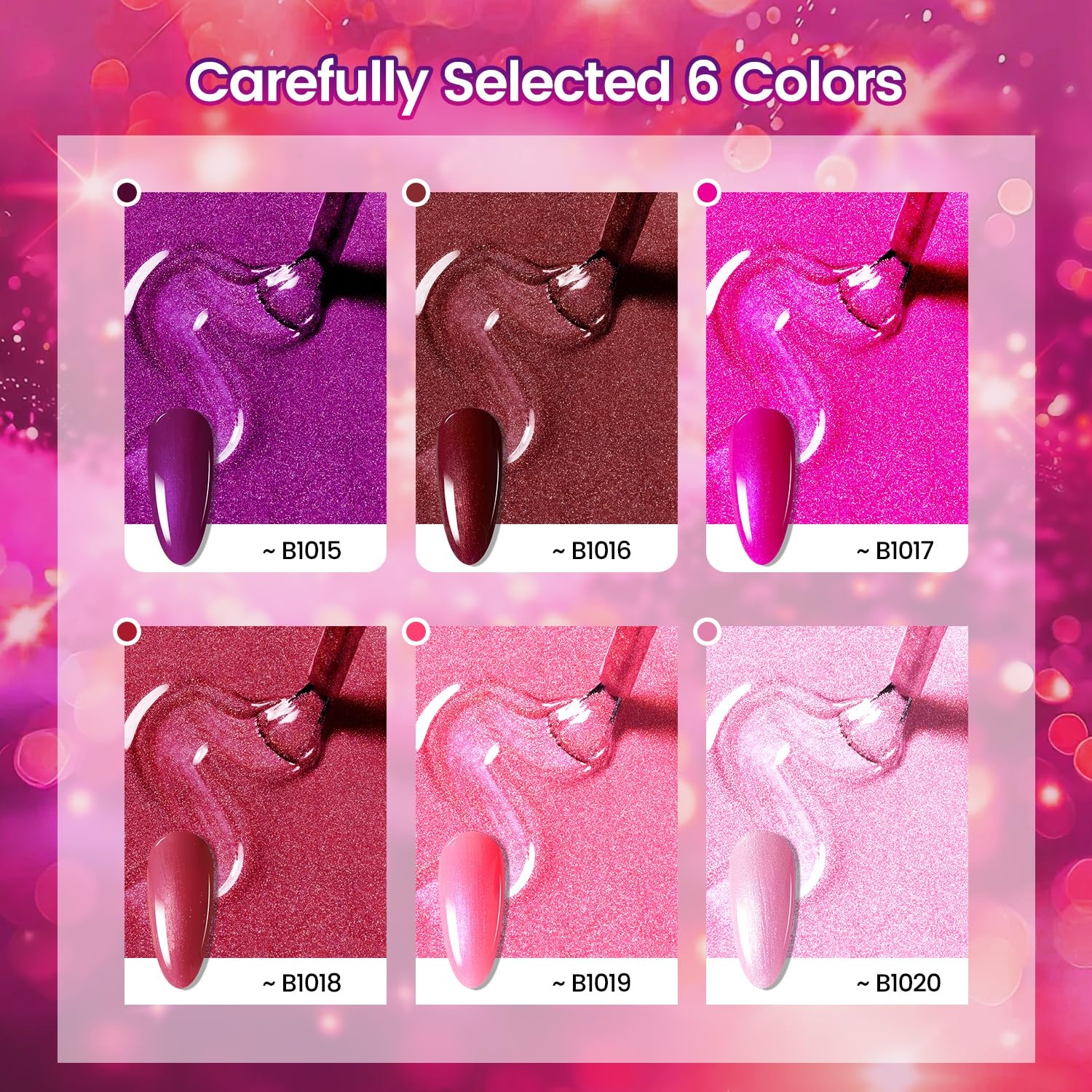 JODSONE 10ml Gel Nail Polish Set Red Glitter 6Colors Glitter Rose Red Gel Polish Lacquer Glossy Art for Nail and Salon Need U V Lamp(B1015-B1020)