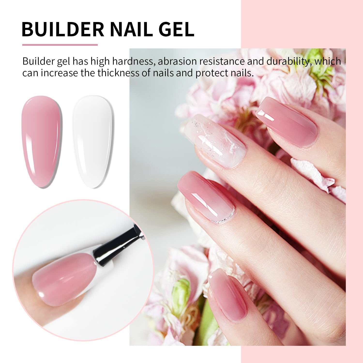 JODSONE 4 Bottles of 10ml Capacity Builder Gel Nail Set and 10ml Base Coat Top Coat