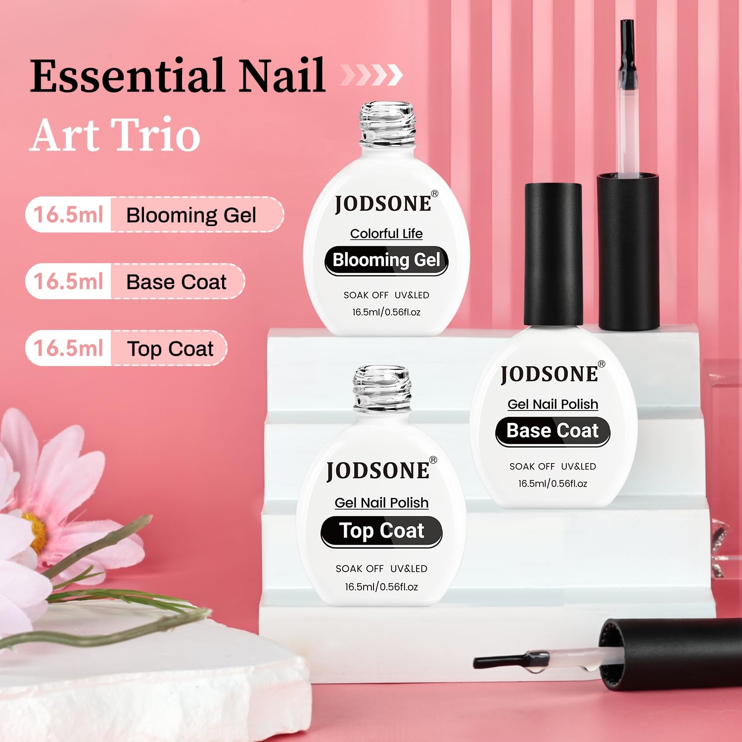JODSONE 3Pcs 16.5ml Top Coat And Base Coat Set with Blooming Gel No Wipe Top Coat Base Blooming Gel for Spreading Effect Print Nail Painting Need U V Lamp Cured(16.5ML Blooming Gel & BT) - view 7