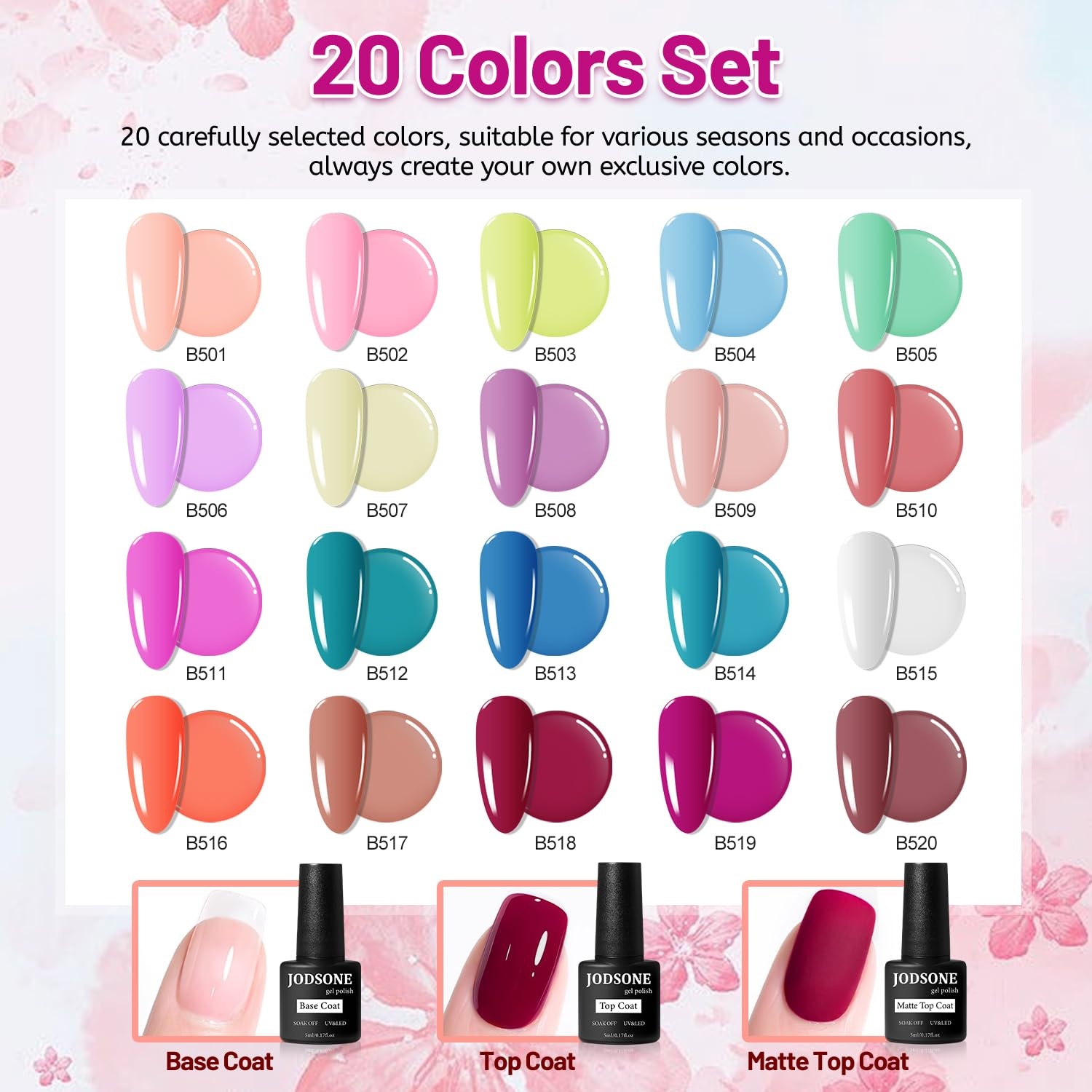 JODSONE 12 PCS Gel Nail Polish Set with Base Coat and Top Coat Limited Red Pink High Gloss Fashion Gifts for Women & Girls(20SET-5)