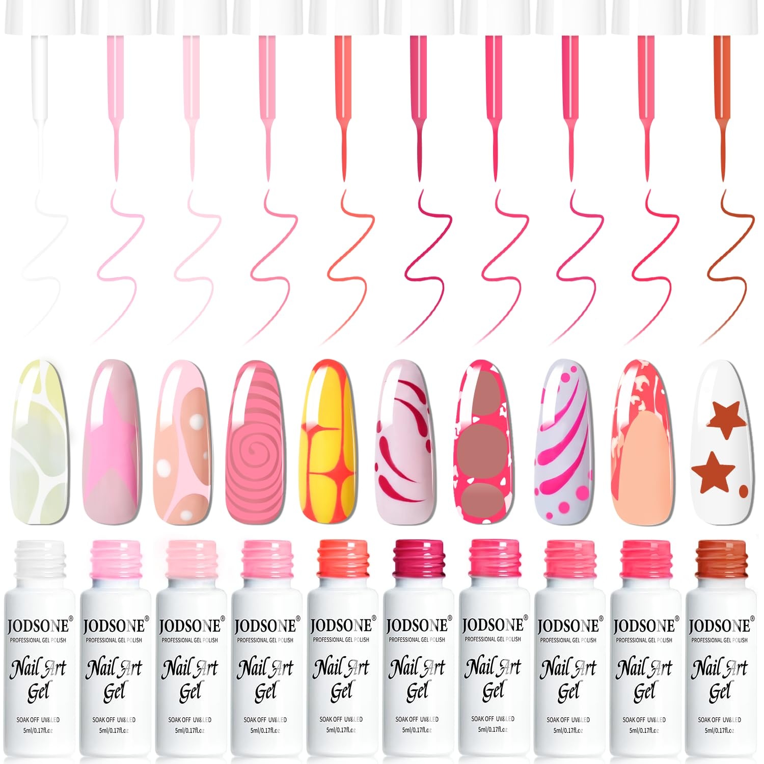 JODSONE 5ml Nail Art Gel Liner Set 10 Colors Gel Nail Polish Need U V Lamp Cured with Thin Brush Gift for Girls at Home Salon Design,Pink Red Blue Purple(LFH01-LFH10) - view 7