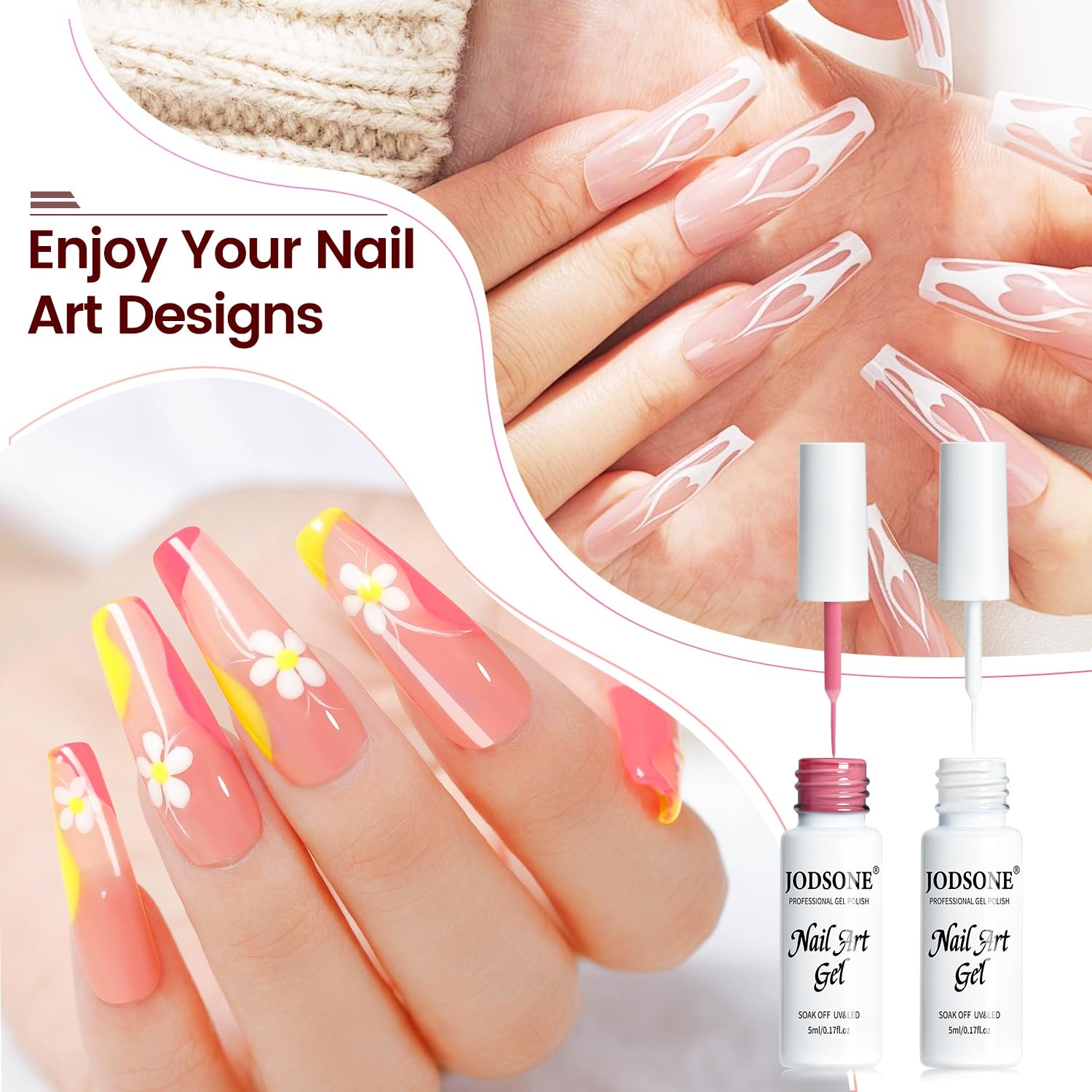 JODSONE 5ml Nail Art Gel Liner Set 10 Colors Gel Nail Polish Need U V Lamp Cured with Thin Brush Gift for Girls at Home Salon Design,Pink Red Blue Purple(10colors set) - view 3