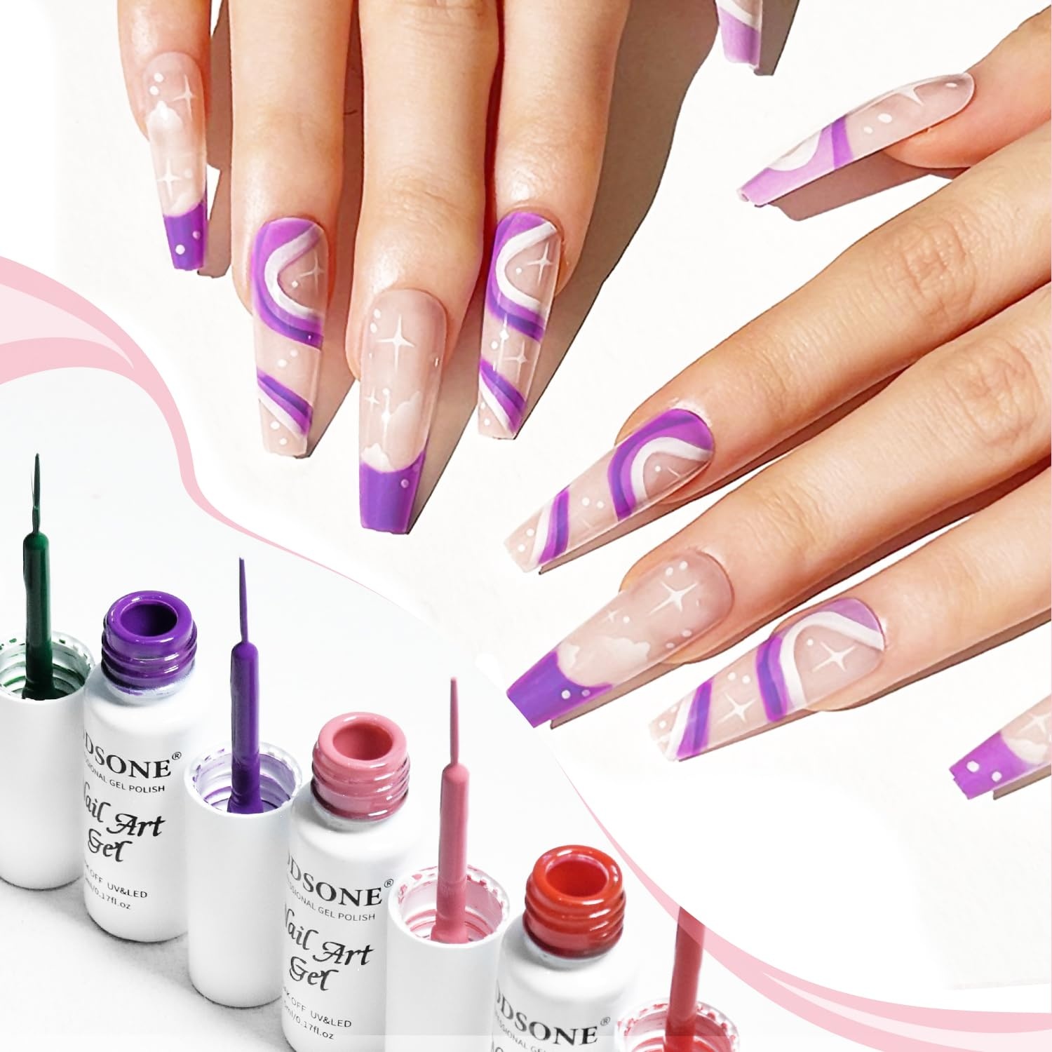 JODSONE 5ml Nail Art Gel Liner Set 10 Colors Gel Nail Polish Need U V Lamp Cured with Thin Brush Gift for Girls at Home Salon Design,Pink Red Blue Purple(10colors set) - view 4