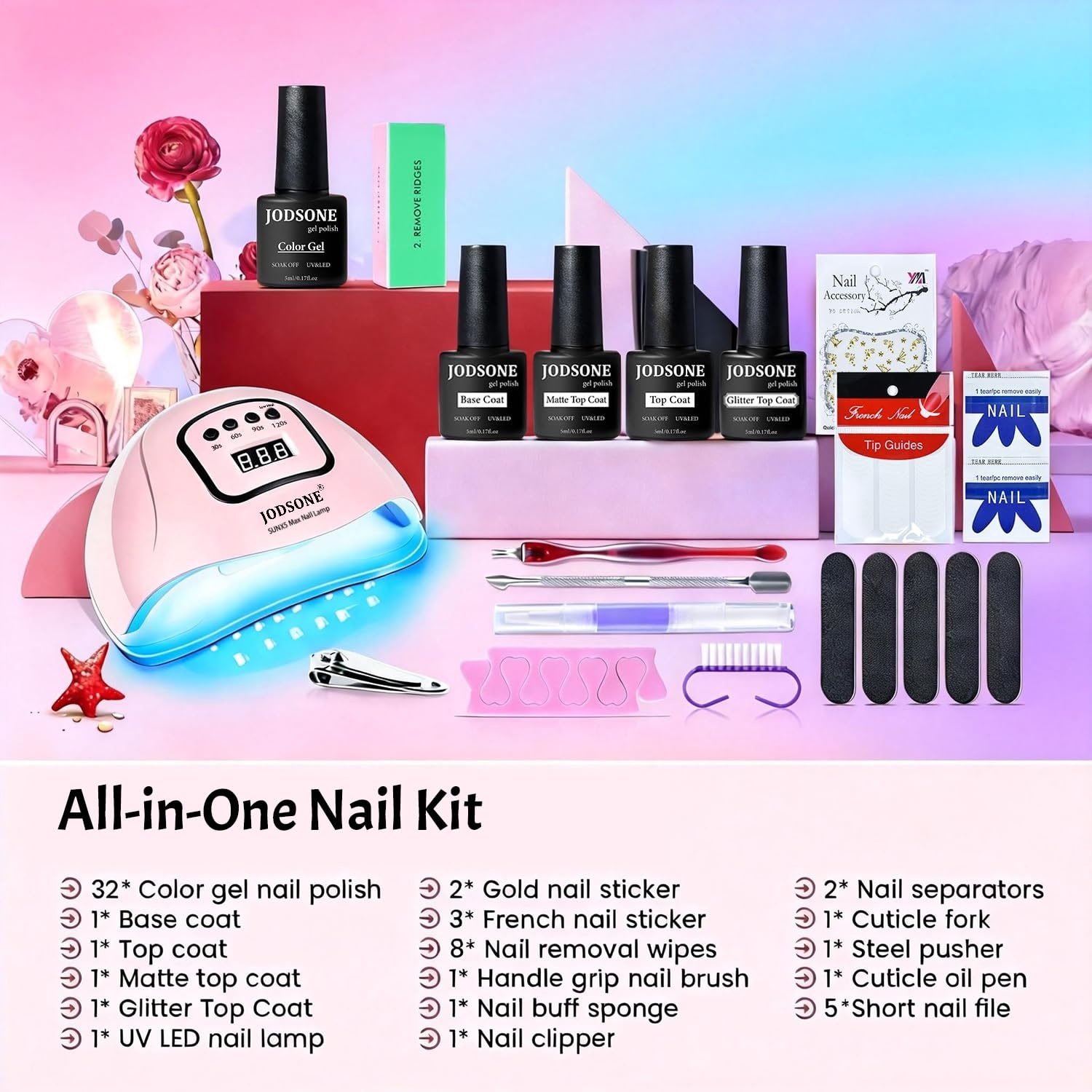 JODSONE 12 PCS Gel Nail Polish Set with Base Coat and Top Coat Limited Red Pink High Gloss Fashion Gifts for Women & Girls(32KIT-M5M-Pink-B01-32)