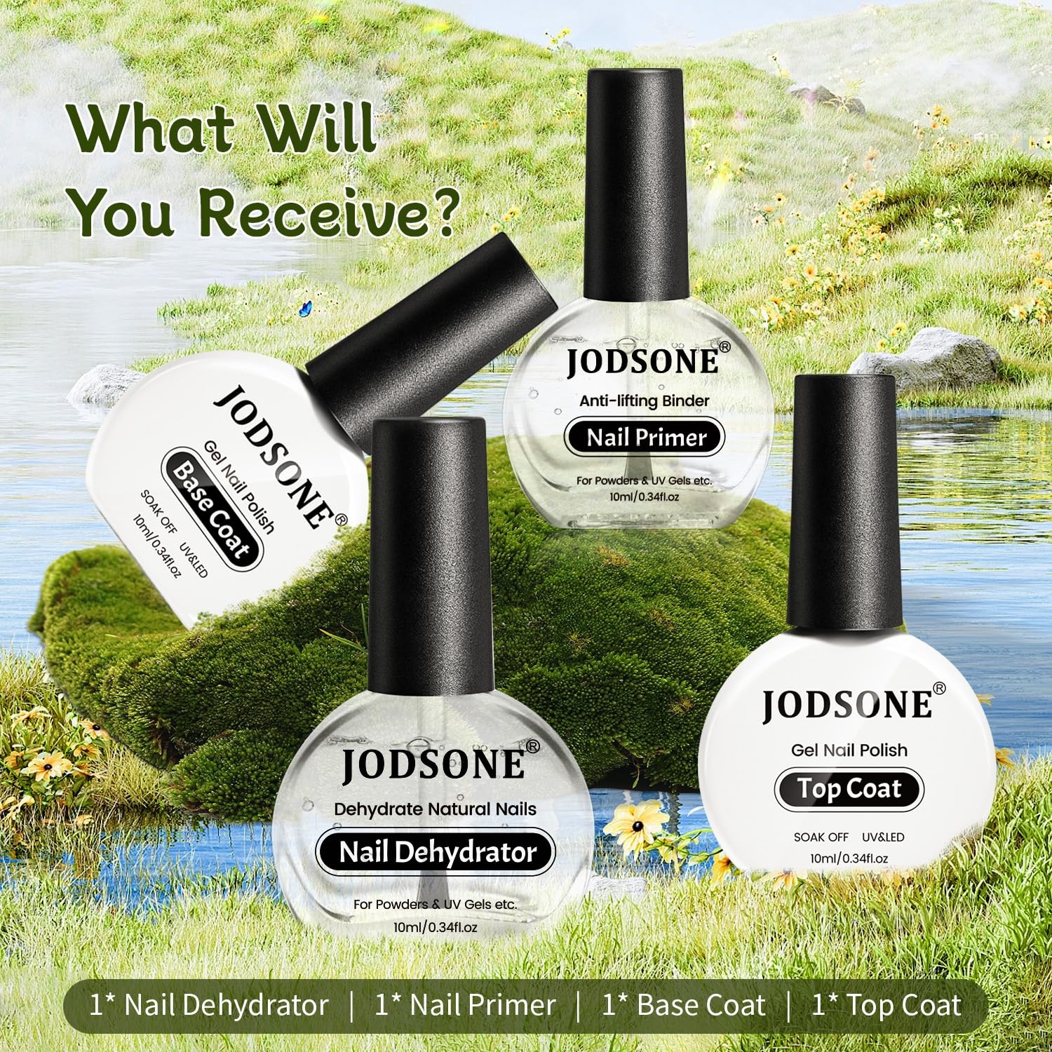 JODSONE 4 Bottles of 15 Capacities of Nail Dehydrator Nail Primer Base Top Coat Long Lasting and Easy to Apply Large Bottle(4 Pcs 10ml-DPBT)