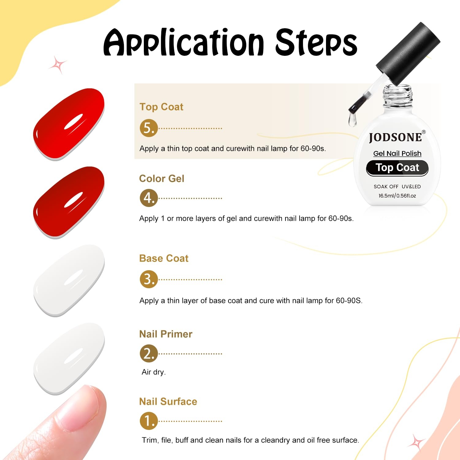 JODSONE 3Pcs 16.5ml Top Coat and Base Coat Set with Gel Nail Remover No Wipe Top Coat Base Need U V Lamp Cured Gel Nail Remover for Quick and Easy Removal At Home(GN007) - view 6