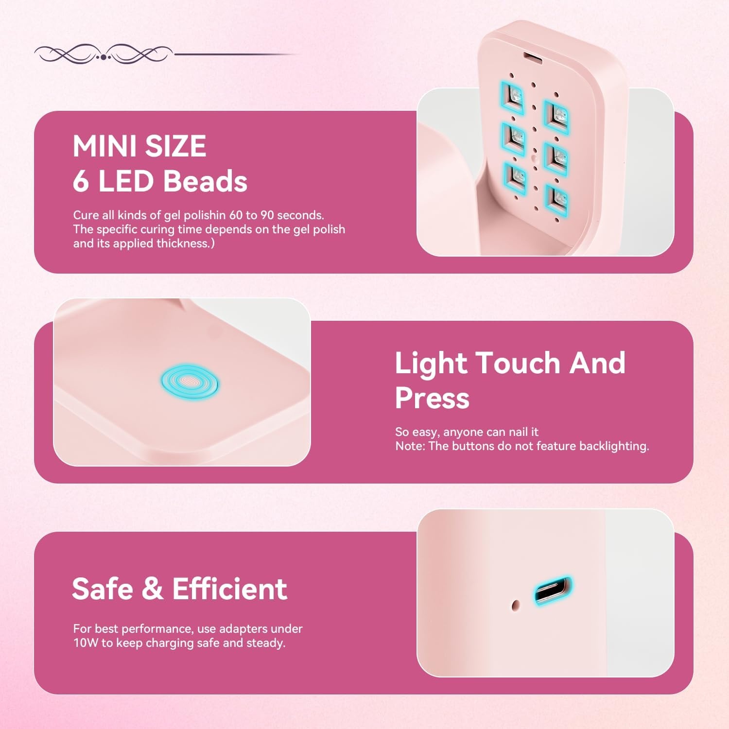 JODSONE U V Mini Nail Lamp Rechargeable with Timer Cordless Portable LED Light for Fast Curing Gel Polish(Pink) - view 4