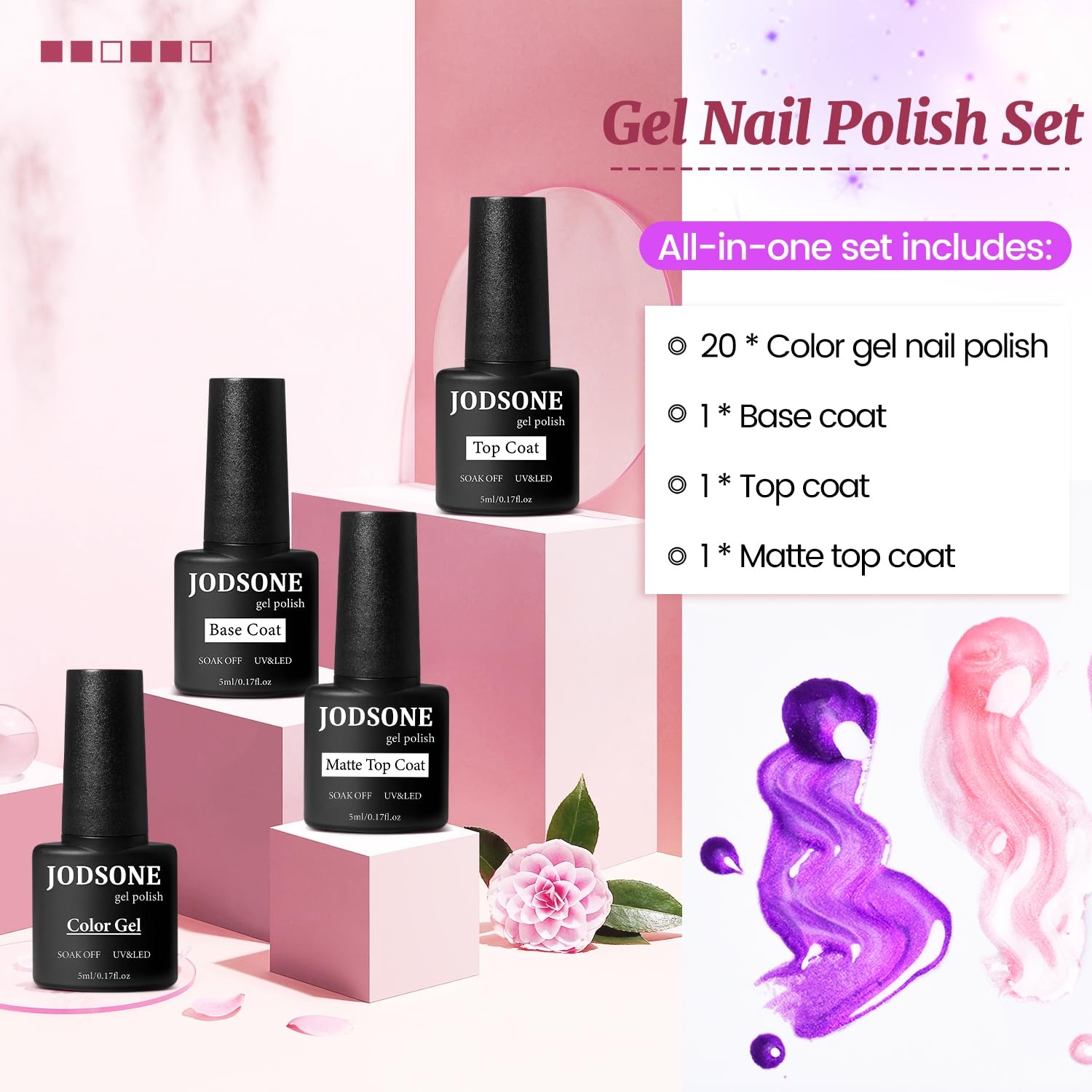JODSONE 20 Glitter Color Gel Nail Polish Kit 3 Bottles of No Wipe Base Coat Glossy and Matte Top Coat Gel Polish Set High Shine Gorgeous(20color set 10) - view 6