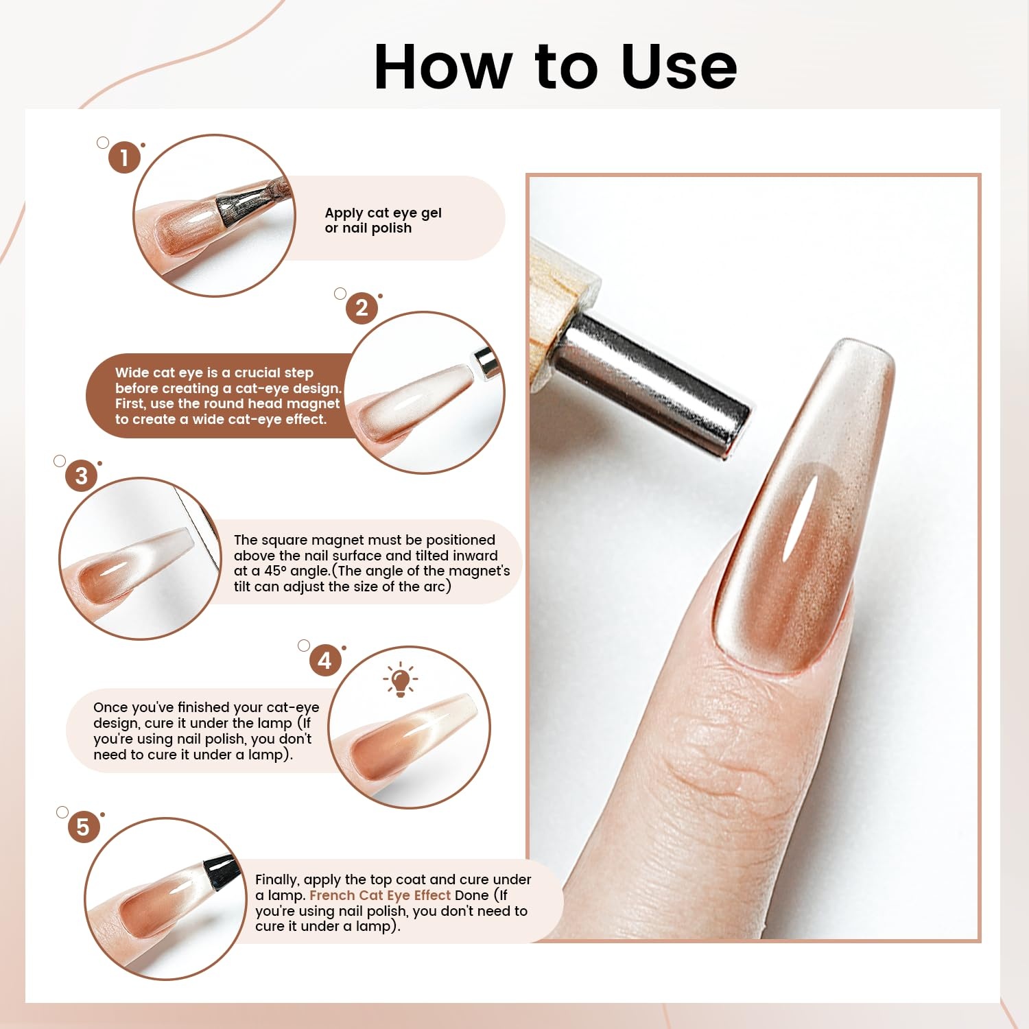 JODSONE 3-in-1 Cat Eye Magnet Nail Art Tool,Pink Gold Cylindrical & Round Ball Nail Magnet Pens, Multi-Effect Magnets for Cat Eye Gel Polish DIY at Home Salon(Magnet Only, No Gel Included)(Brown) - view 3