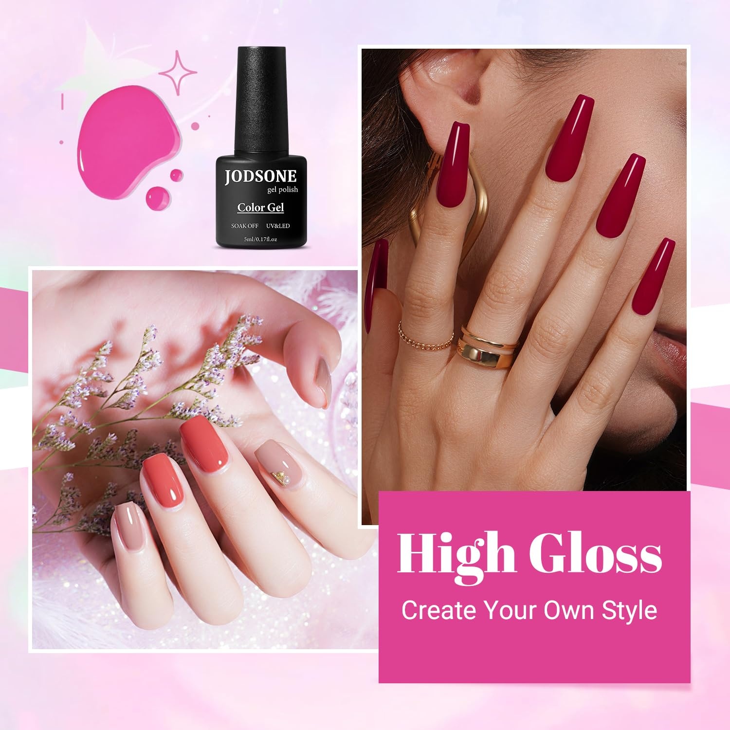 JODSONE Gel Nail Set 20+3 Colors High Shine Gorgeous Gel Polish Base Top Matte Coat Nice Gifts Show Charm(20 Color-Pink Red) - view 3