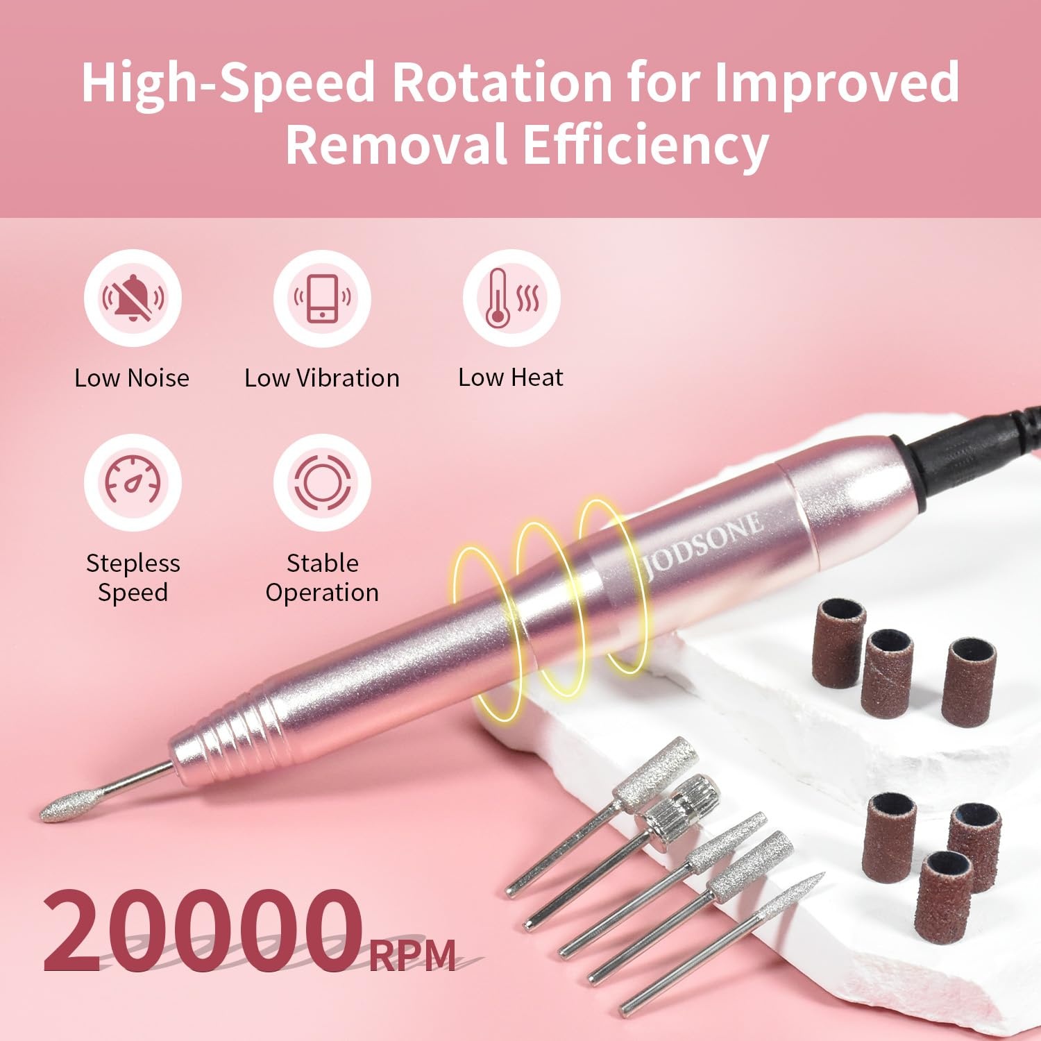 JODSONE Professional Electric Nail Drill 20000RPM Low Noise Work efficiently with 6 Replacement Drills for Salon and Home Use(Rose Gold) - view 2