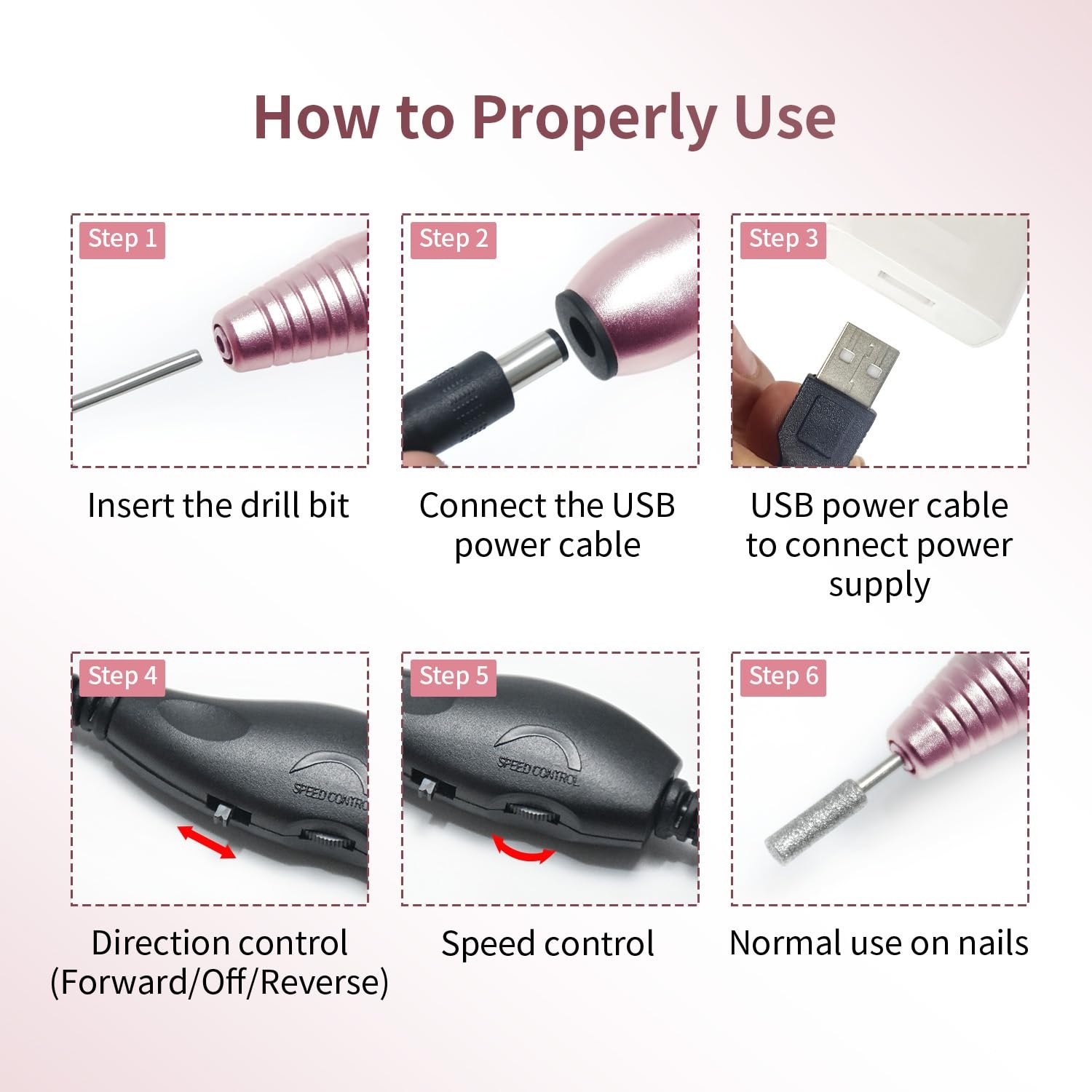 JODSONE Professional Electric Nail Drill 20000RPM Low Noise Work efficiently with 6 Replacement Drills for Salon and Home Use(Rose Gold) - view 3