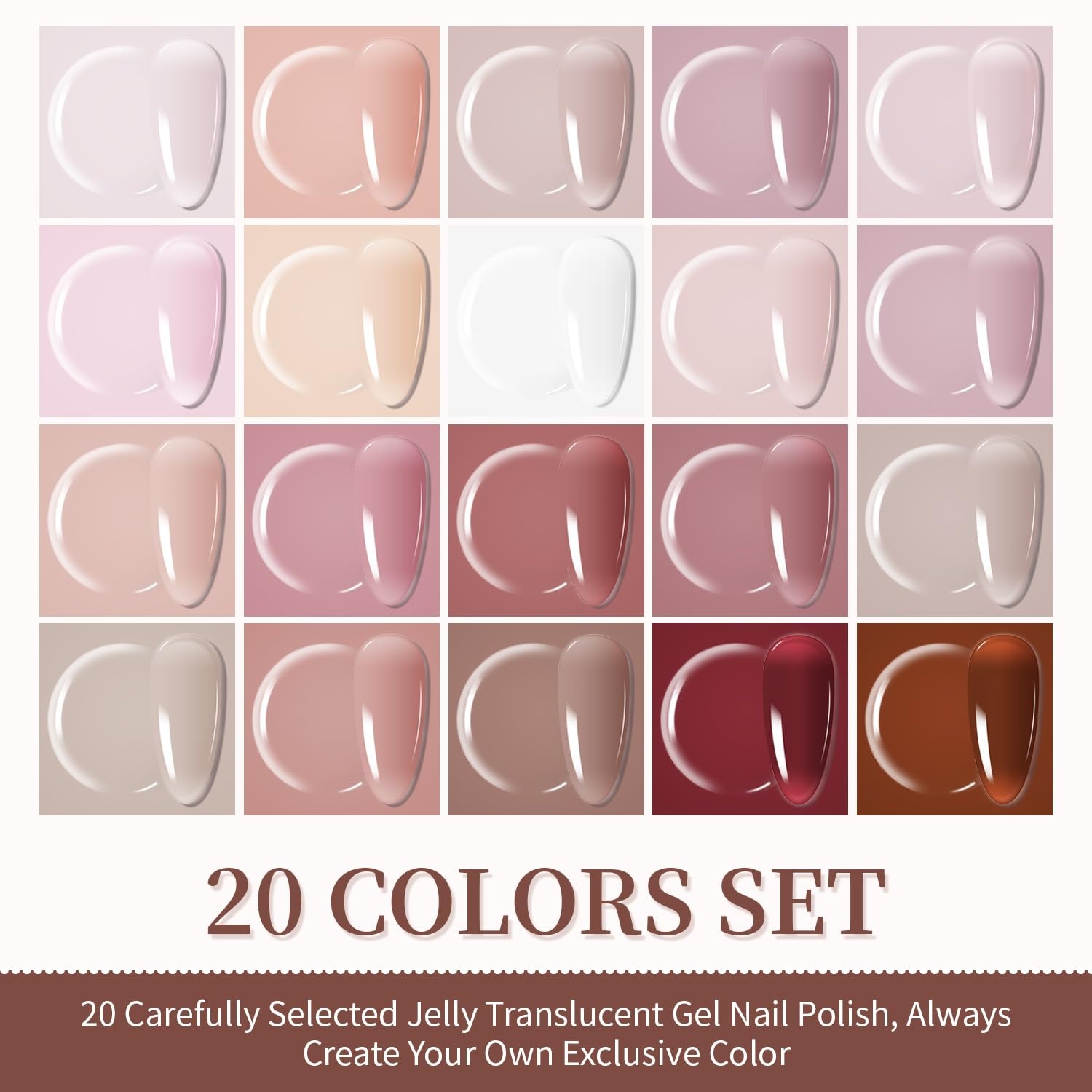 JODSONE 20 Glitter Color Gel Nail Polish Kit 3 Bottles of No Wipe Base Coat Glossy and Matte Top Coat Gel Polish Set High Shine Gorgeous(20color-Jelly-set)