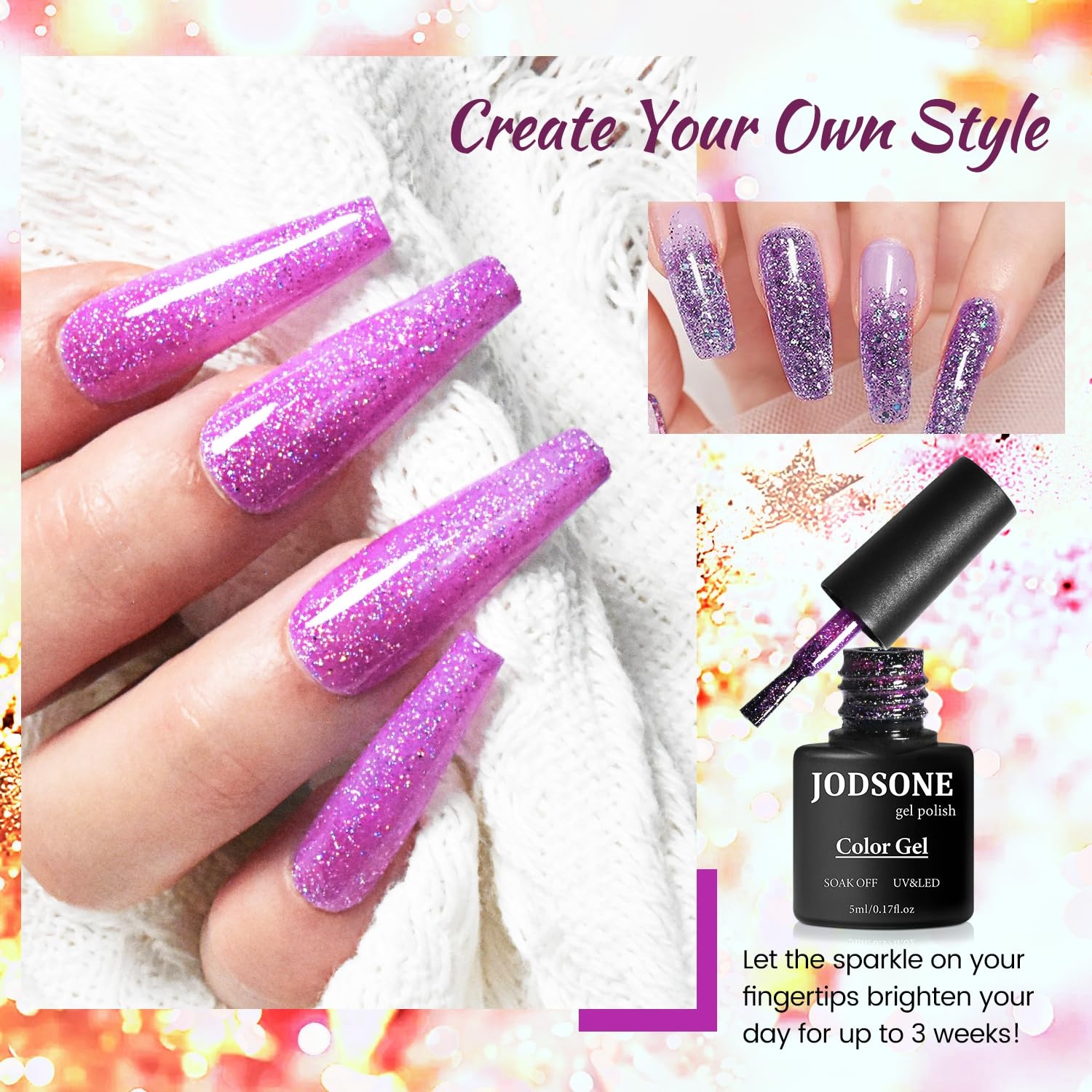 JODSONE 20 Glitter Color Gel Nail Polish Kit 3 Bottles of No Wipe Base Coat Glossy and Matte Top Coat Gel Polish Set High Shine Gorgeous(20color set 12) - view 3