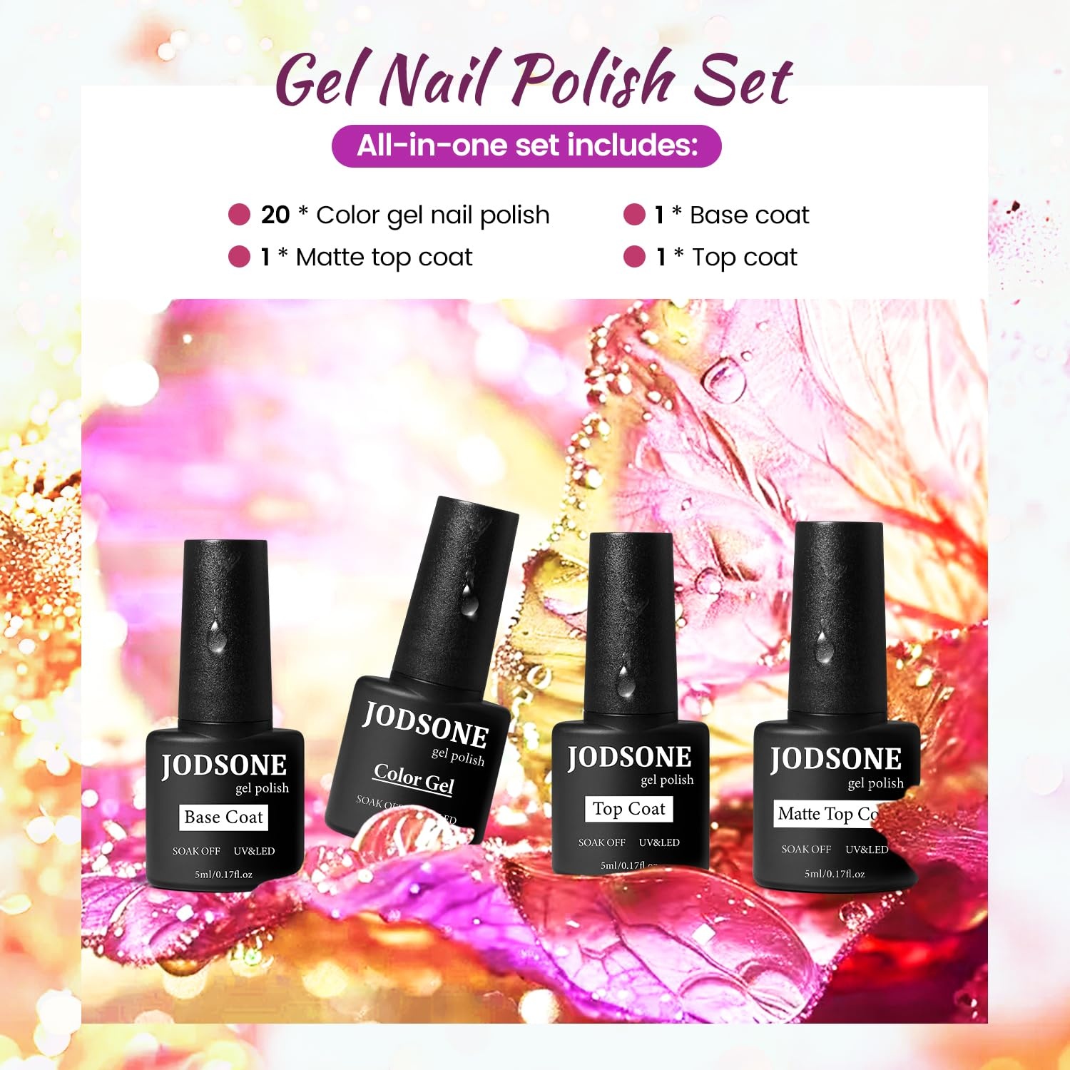JODSONE 20 Glitter Color Gel Nail Polish Kit 3 Bottles of No Wipe Base Coat Glossy and Matte Top Coat Gel Polish Set High Shine Gorgeous(20color set 12) - view 5