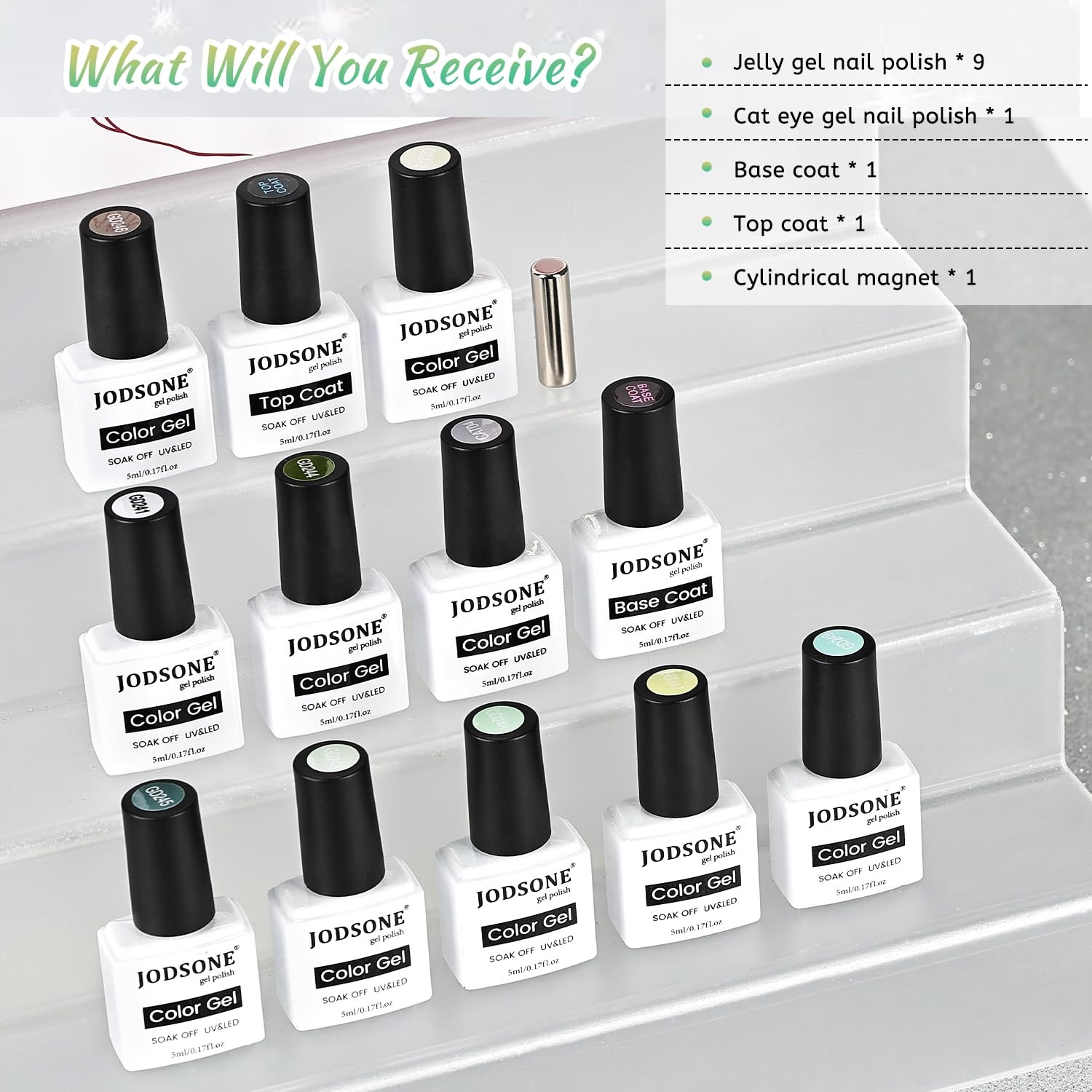 JODSONE Gel Nail Set 20+3 Colors High Shine Gorgeous Gel Polish Base Top Matte Coat Nice Gifts Show Charm(10SET-Jelly-Cyan)