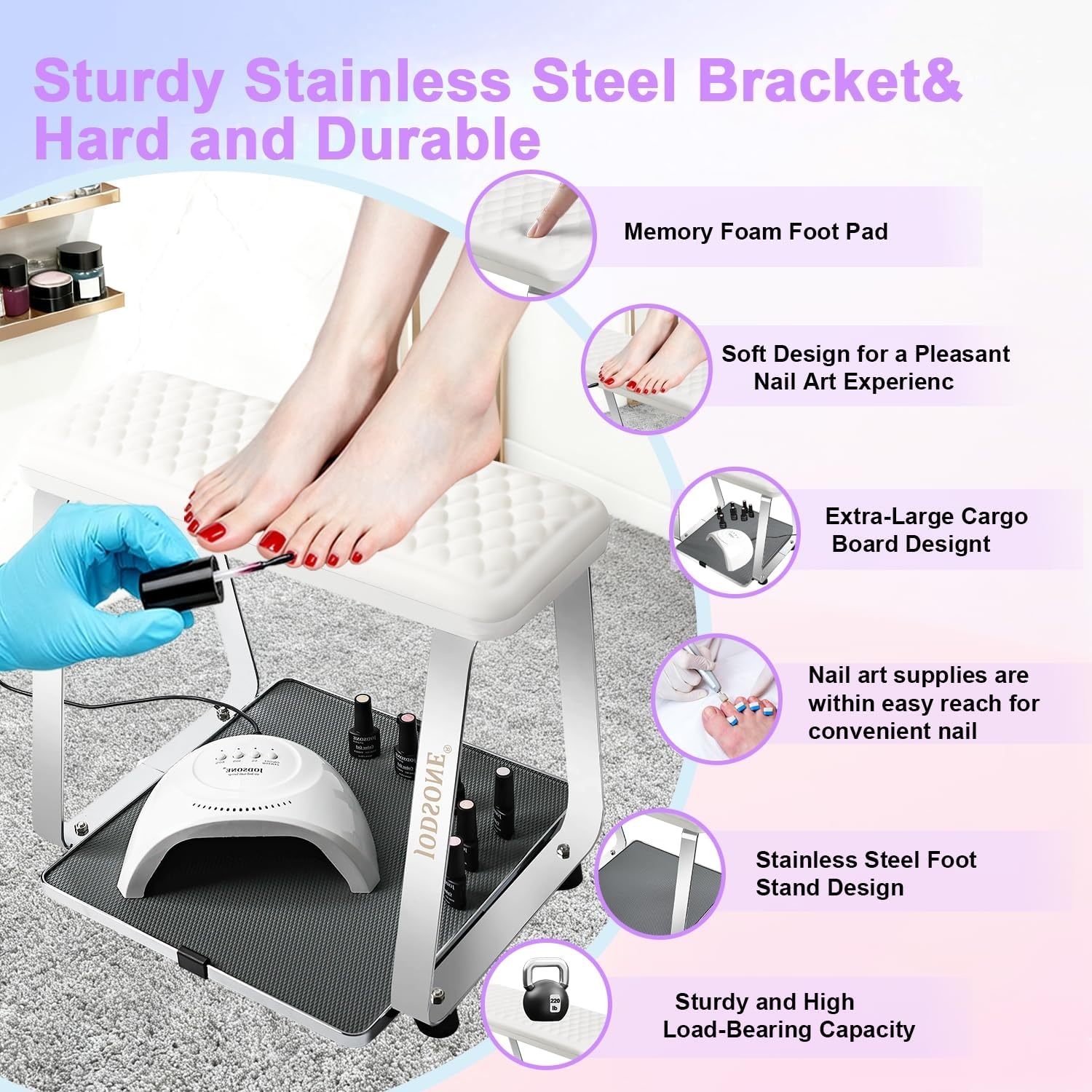 JODSONE Pedicure Foot Rest for Nails Tech with Soft Cushion,Pedicure Stool,Nail Stand,Detachable Stainless Manicure Foot Rest for Home and Salon Use Pedicure Station - view 2