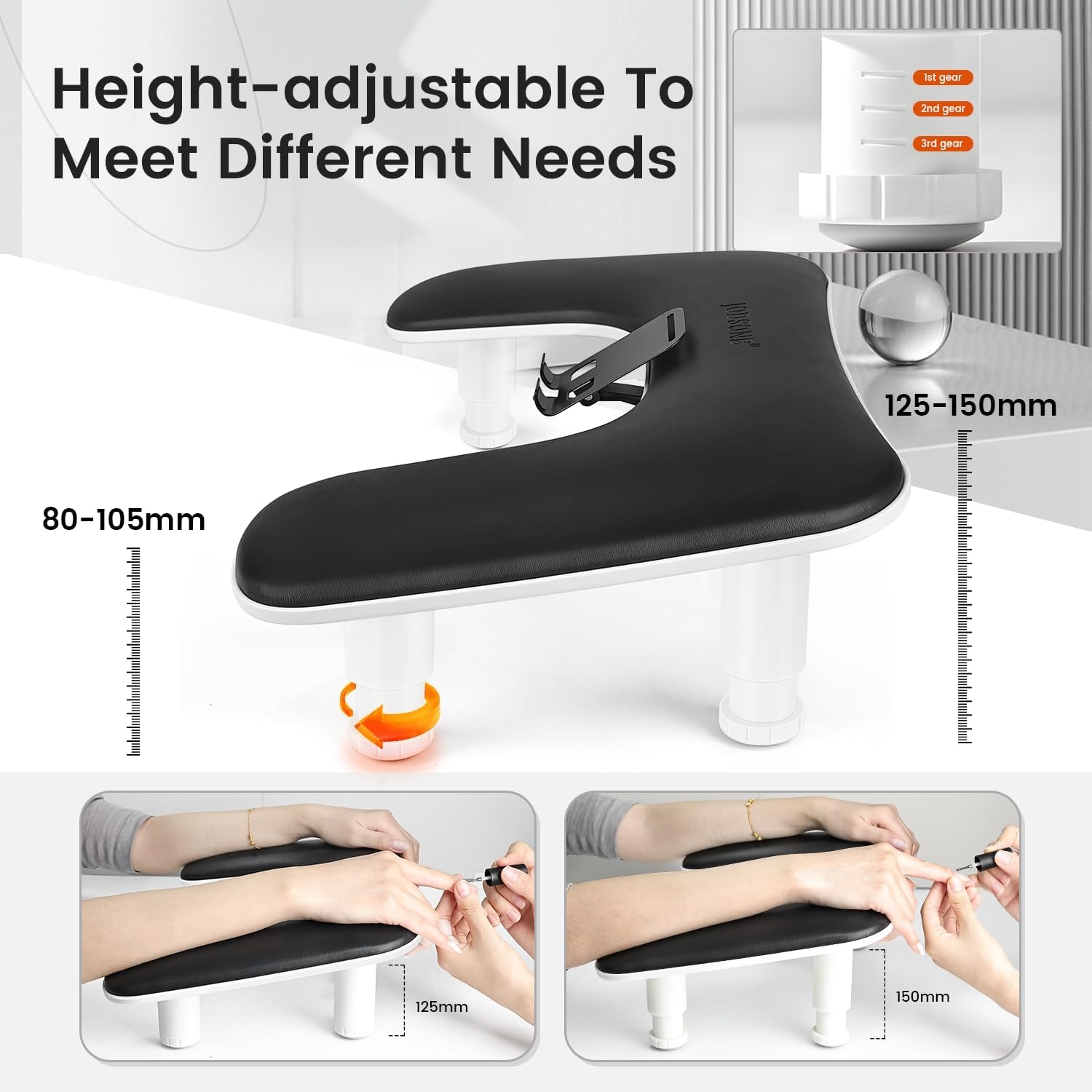 JODSONE U-Shaped Brown Arm Rest for Nails Tech with Rotating 360°Built-In Phone Holder and Adjustable Nail Arm Rest Detachable Manicure Hand Rest for Salon Design(Black-Without Mat) - view 2