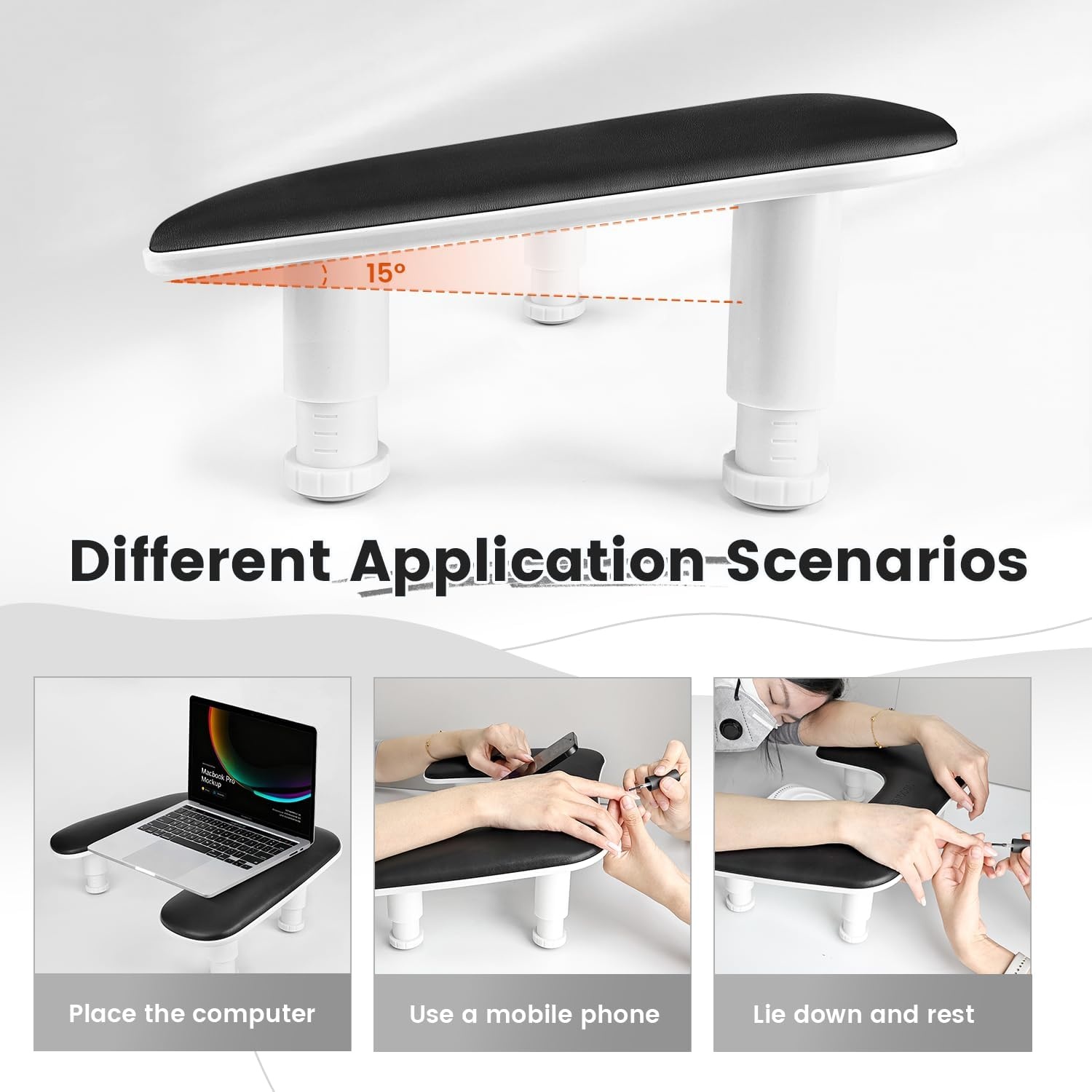 JODSONE U-Shaped Brown Arm Rest for Nails Tech with Rotating 360°Built-In Phone Holder and Adjustable Nail Arm Rest Detachable Manicure Hand Rest for Salon Design(Black-Without Mat) - view 3