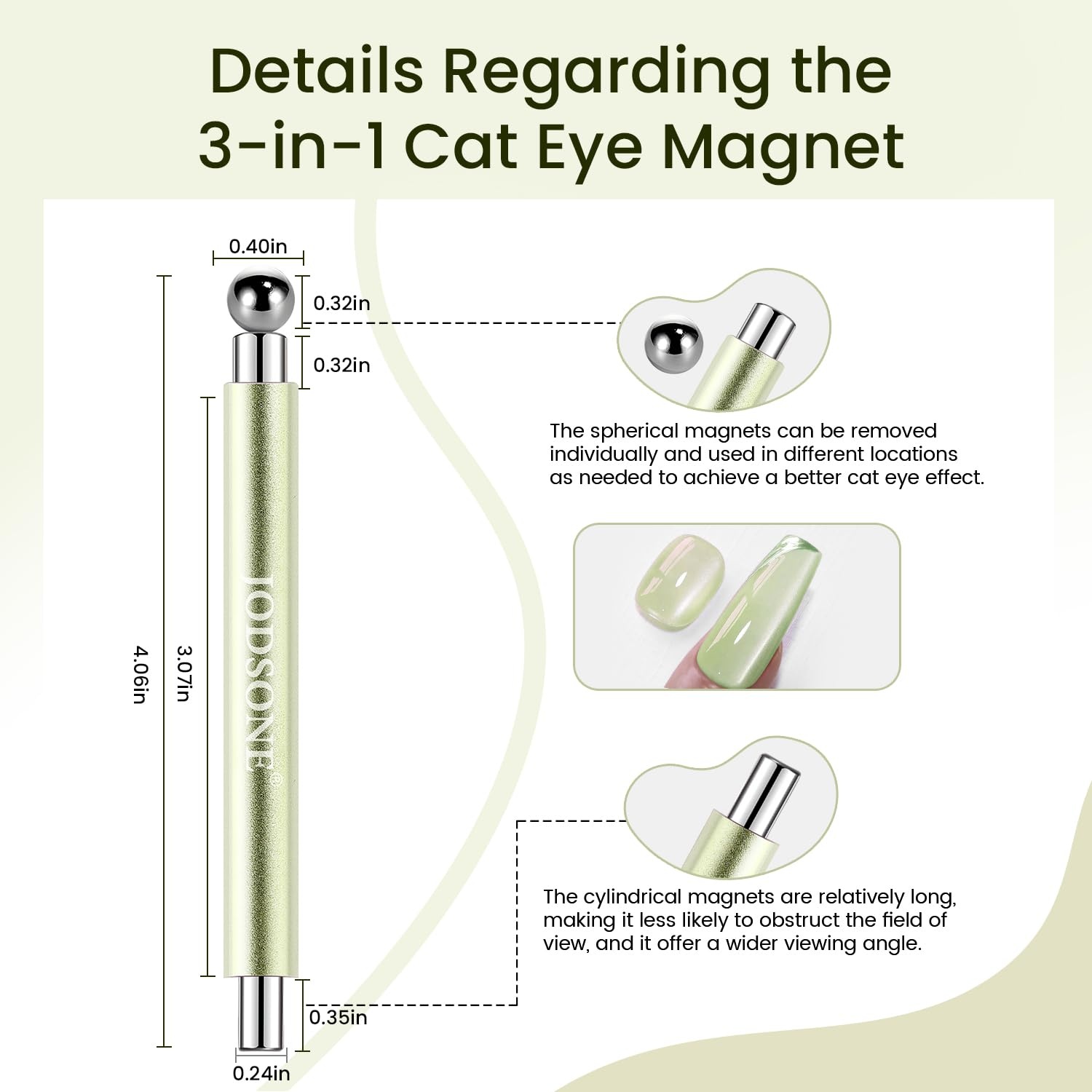 JODSONE 3-in-1 Cat Eye Magnet Nail Art Tool,Purple Cylindrical & Round Ball Nail Magnet Pens, Multi-Effect Magnets for Cat Eye Gel Polish DIY at Home Salon(Green) - view 4
