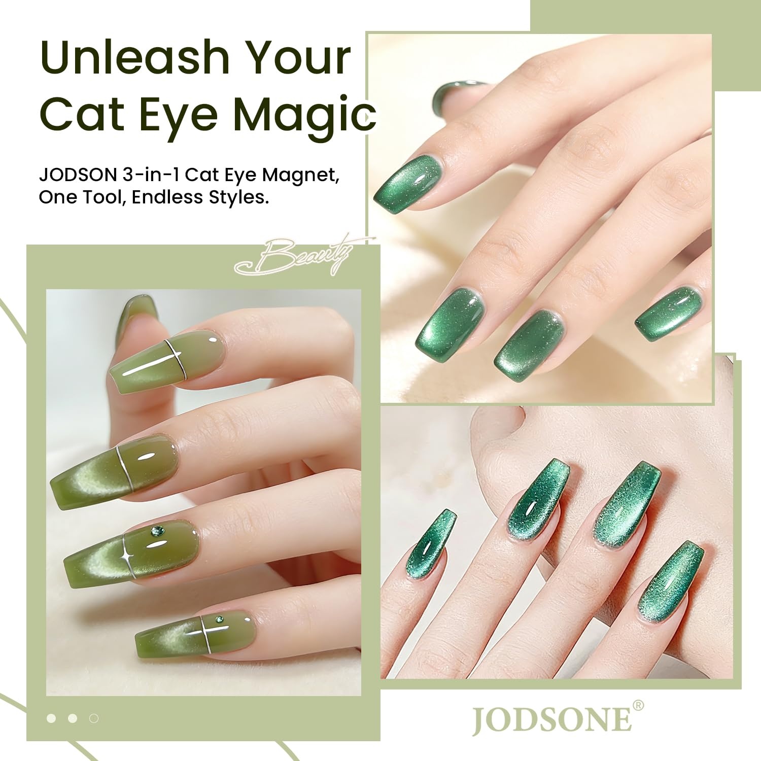 JODSONE 3-in-1 Cat Eye Magnet Nail Art Tool,Purple Cylindrical & Round Ball Nail Magnet Pens, Multi-Effect Magnets for Cat Eye Gel Polish DIY at Home Salon(Green) - view 6