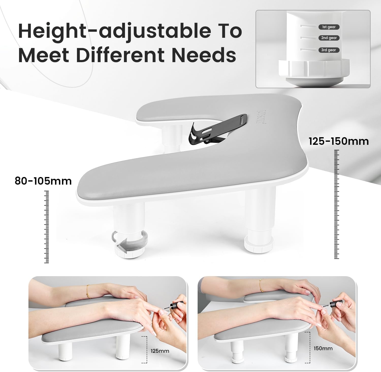 JODSONE U-Shaped Brown Arm Rest for Nails Tech with Rotating 360°Built-In Phone Holder and Adjustable Nail Arm Rest Detachable Manicure Hand Rest for Salon Design(Gray-Without Mat)