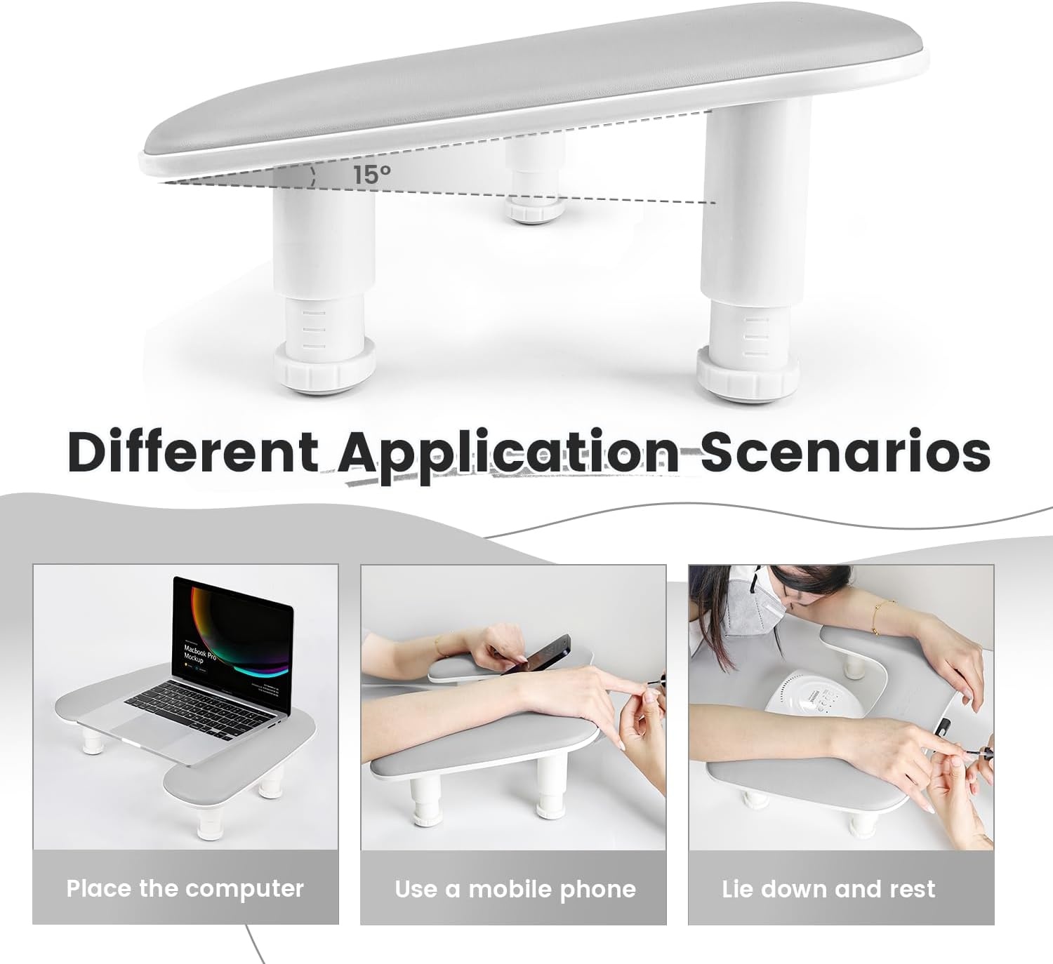 JODSONE U-Shaped Brown Arm Rest for Nails Tech with Rotating 360°Built-In Phone Holder and Adjustable Nail Arm Rest Detachable Manicure Hand Rest for Salon Design(Gray-Without Mat) - view 2