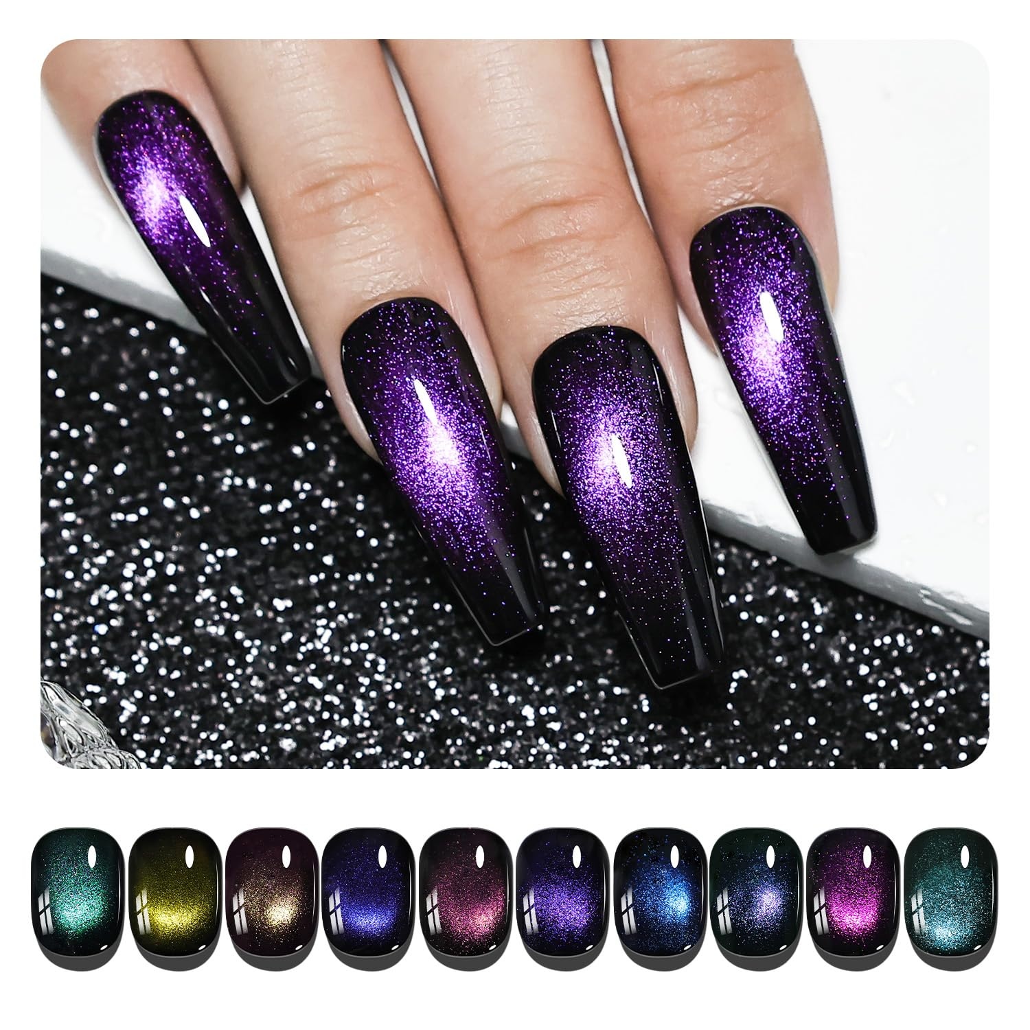 JODSONE Cat Eye Gel Nail Polish Set 10 Colors with Base Coat and Top Coat Magnetic Stick DIY Nail Art at Home(10Color-CE-16)