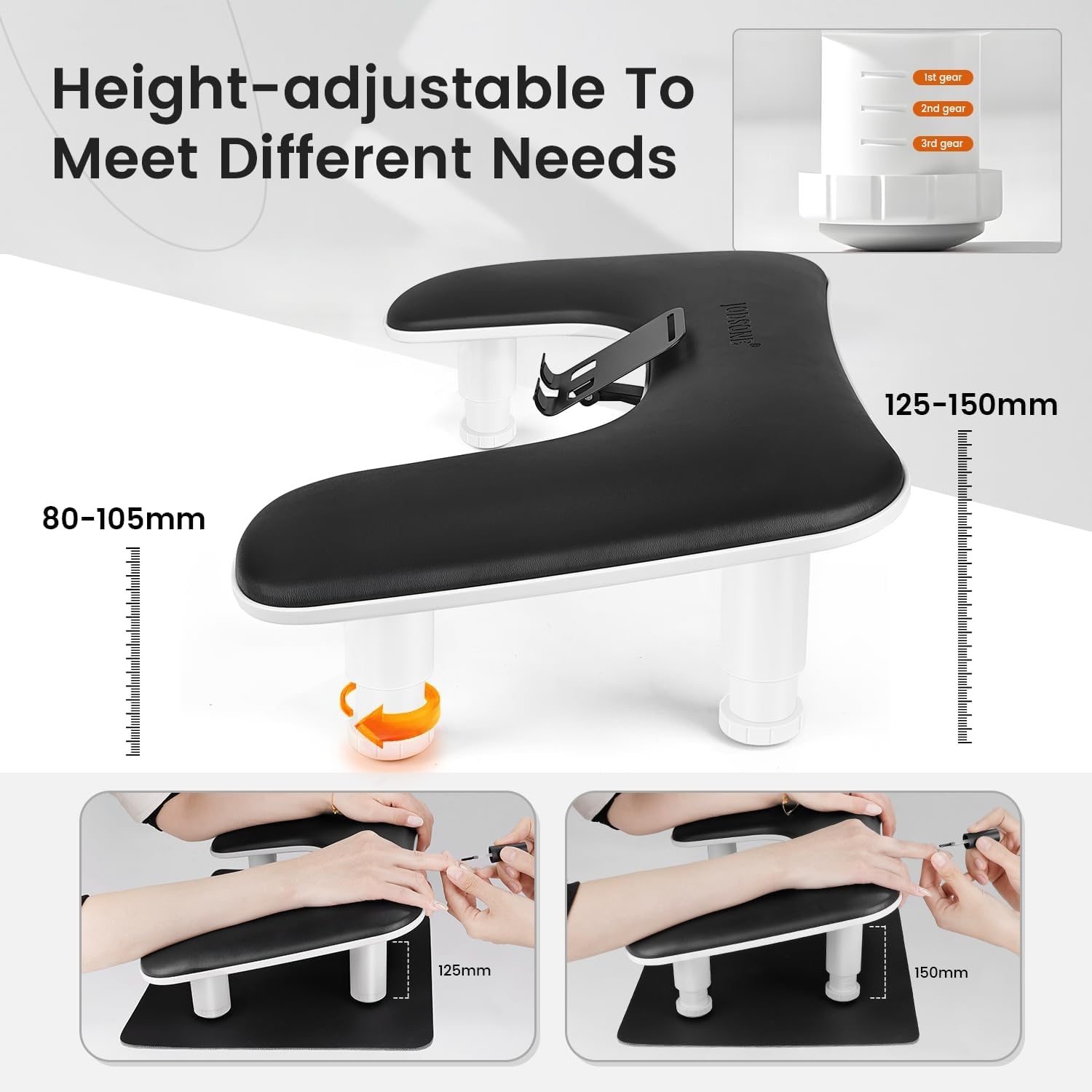 JODSONE U-Shaped Brown Arm Rest for Nails Tech with Rotating 360°Built-In Phone Holder and Adjustable Nail Arm Rest Detachable Manicure Hand Rest for Salon Design(Black-With Mat)