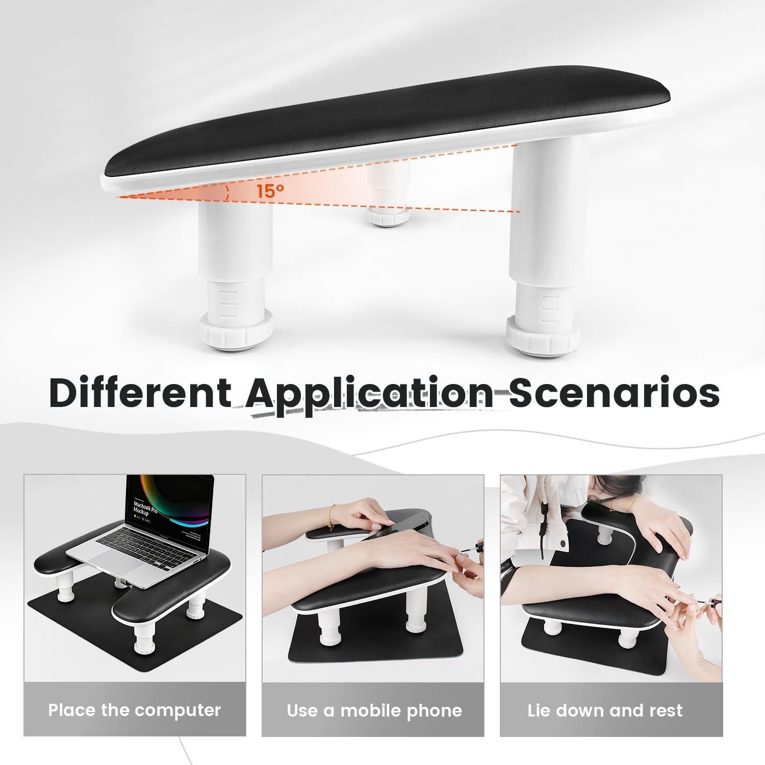 JODSONE U-Shaped Brown Arm Rest for Nails Tech with Rotating 360°Built-In Phone Holder and Adjustable Nail Arm Rest Detachable Manicure Hand Rest for Salon Design(Black-With Mat) - view 2