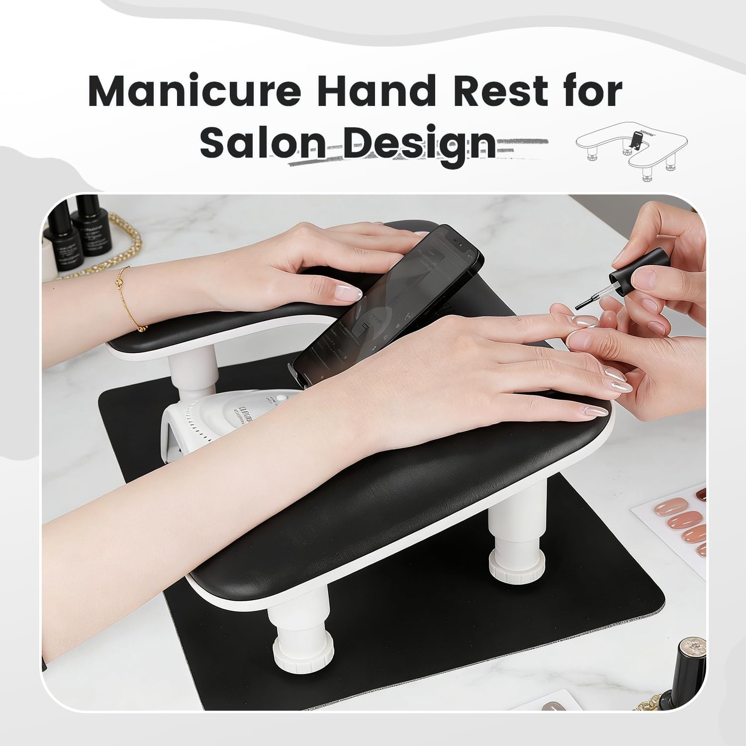JODSONE U-Shaped Brown Arm Rest for Nails Tech with Rotating 360°Built-In Phone Holder and Adjustable Nail Arm Rest Detachable Manicure Hand Rest for Salon Design(Black-With Mat) - view 6