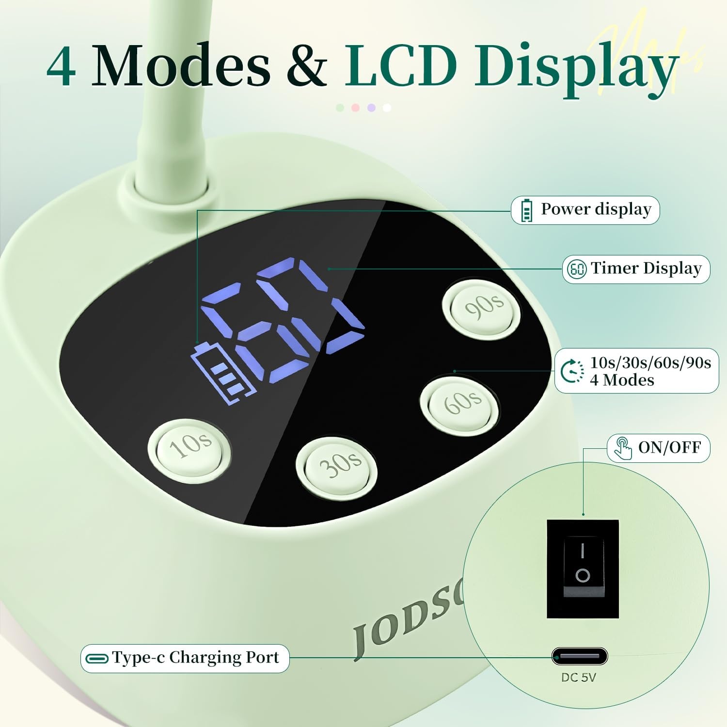 JODSONE Fast Curing U V Nail Lamp – Portable and Flexible Gooseneck Lamp with 360° Adjustable Design, Rechargeable LED Dryer for Gel Polish, Auto Sensor & 4 Timers, Home DIY Manicure Light Mint Green(Green) - view 3