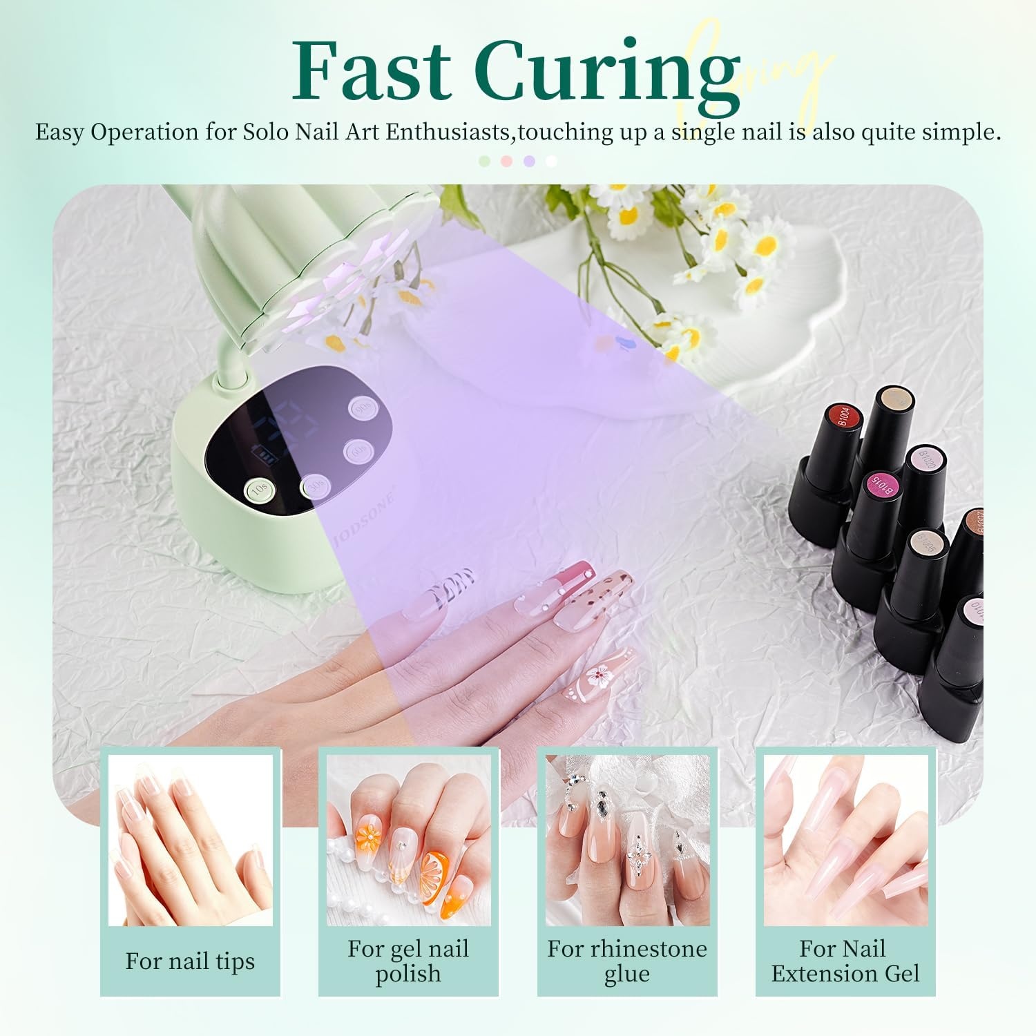 JODSONE Fast Curing U V Nail Lamp – Portable and Flexible Gooseneck Lamp with 360° Adjustable Design, Rechargeable LED Dryer for Gel Polish, Auto Sensor & 4 Timers, Home DIY Manicure Light Mint Green(Green) - view 5