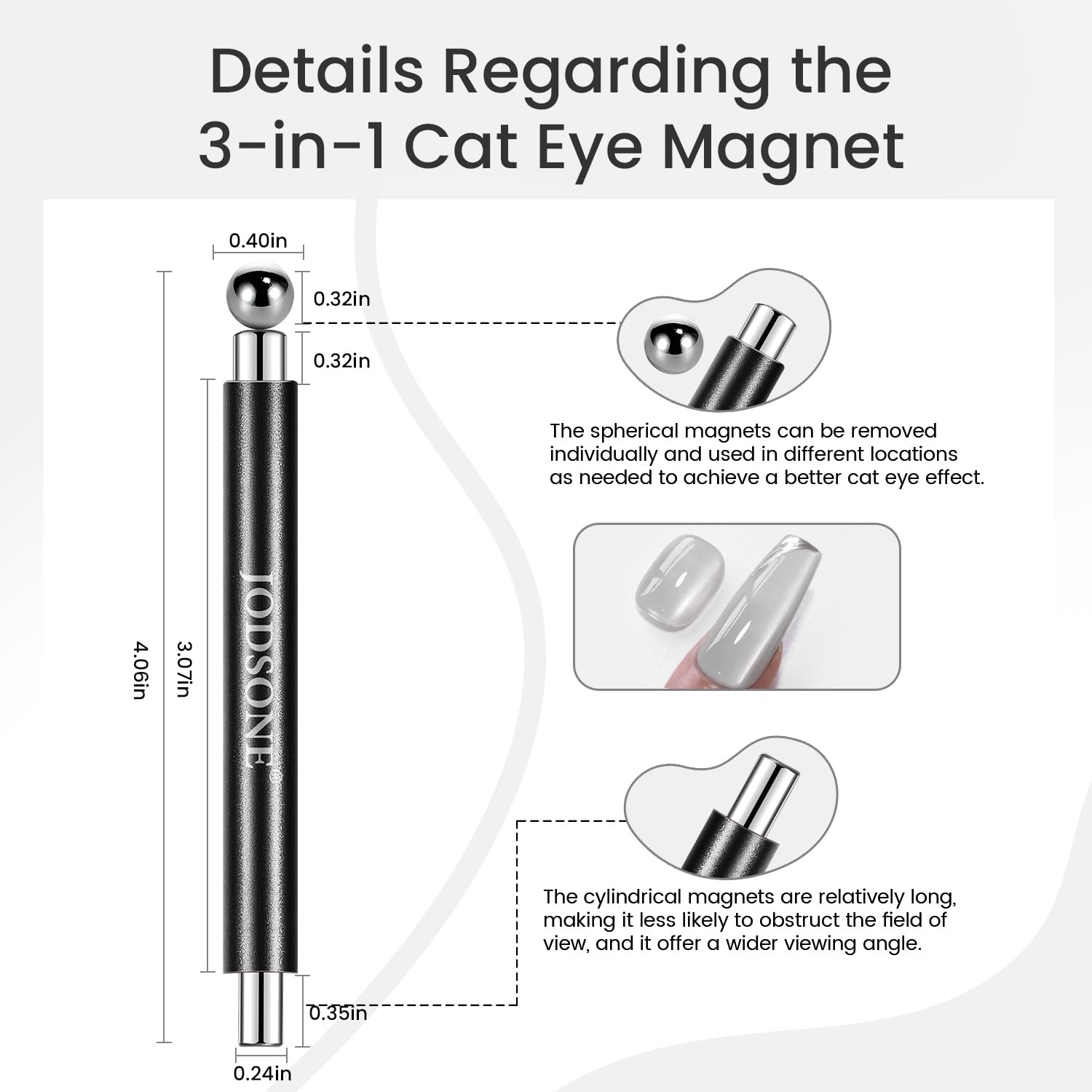 JODSONE 3-in-1 Cat Eye Magnet Nail Art Tool,Purple Cylindrical & Round Ball Nail Magnet Pens, Multi-Effect Magnets for Cat Eye Gel Polish DIY at Home Salon(Black) - view 4