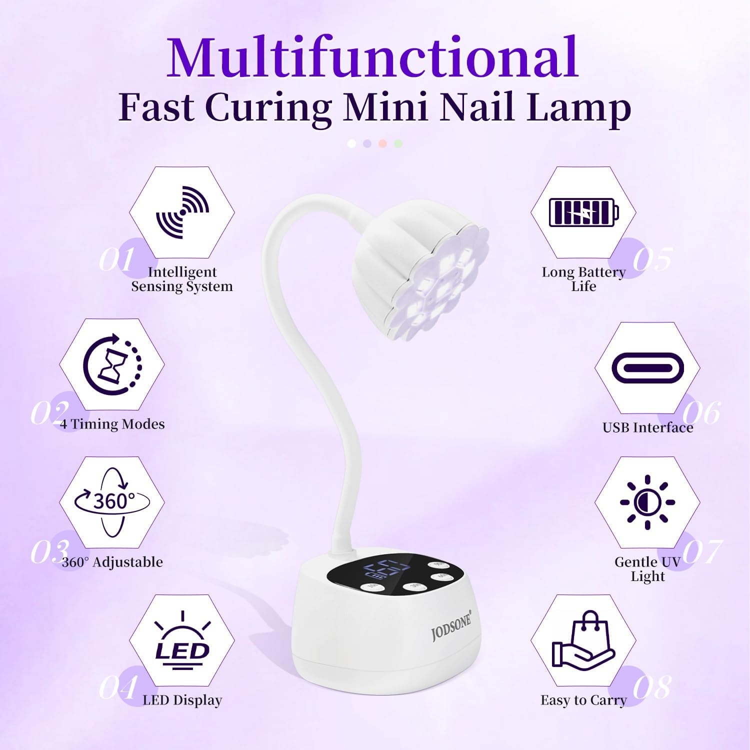 JODSONE Fast Curing U V Nail Lamp – Portable and Flexible Gooseneck Lamp with 360° Adjustable Design, Rechargeable LED Dryer for Gel Polish, Auto Sensor & 4 Timers, Home DIY Manicure Light Mint Green(White) - view 3