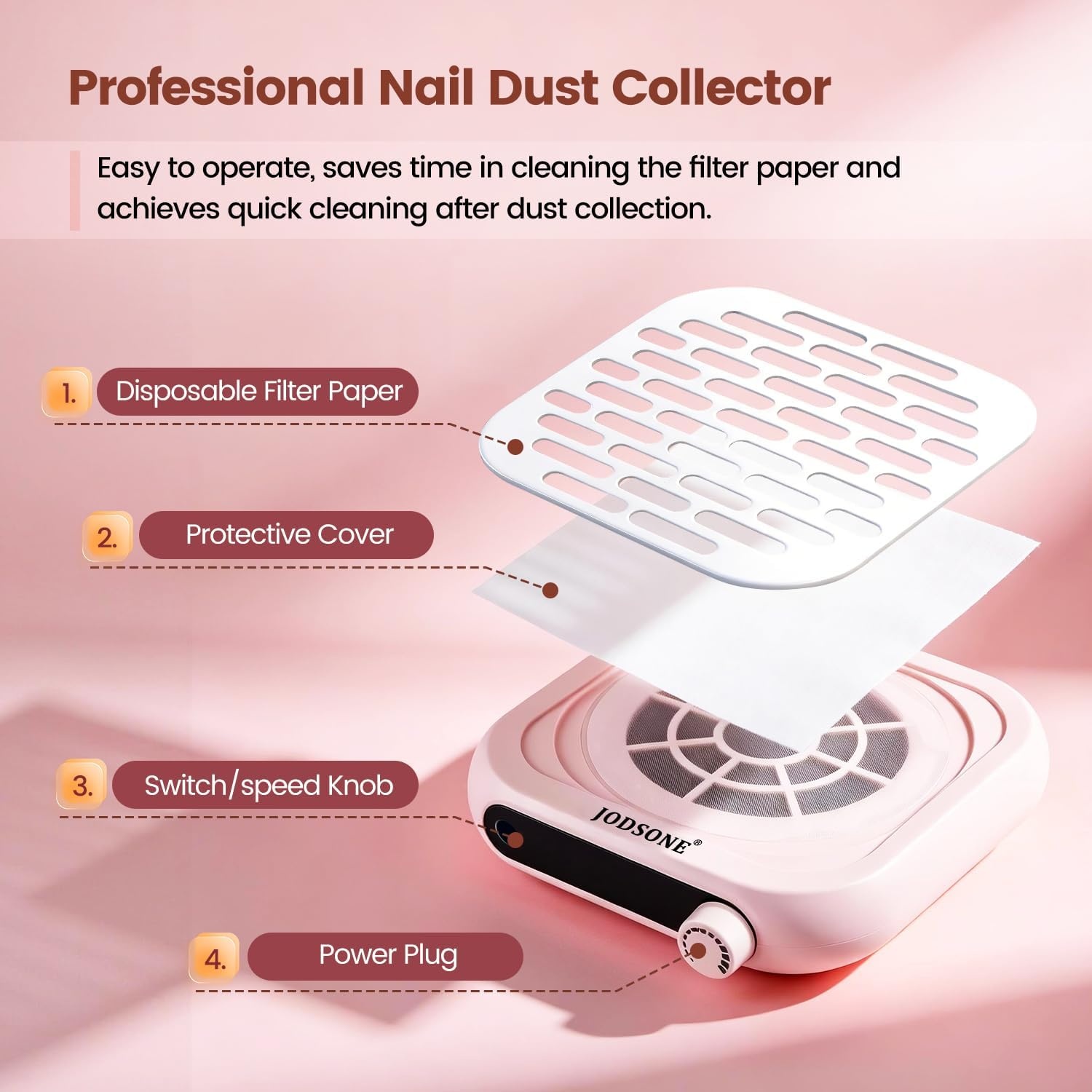 JODSONE 6000RPM Mini Nail Dust Collector PocketSized Low Noise Powerful Suction Portable Nail Salon with 30 Filters Purple(Mini-pink) - view 5