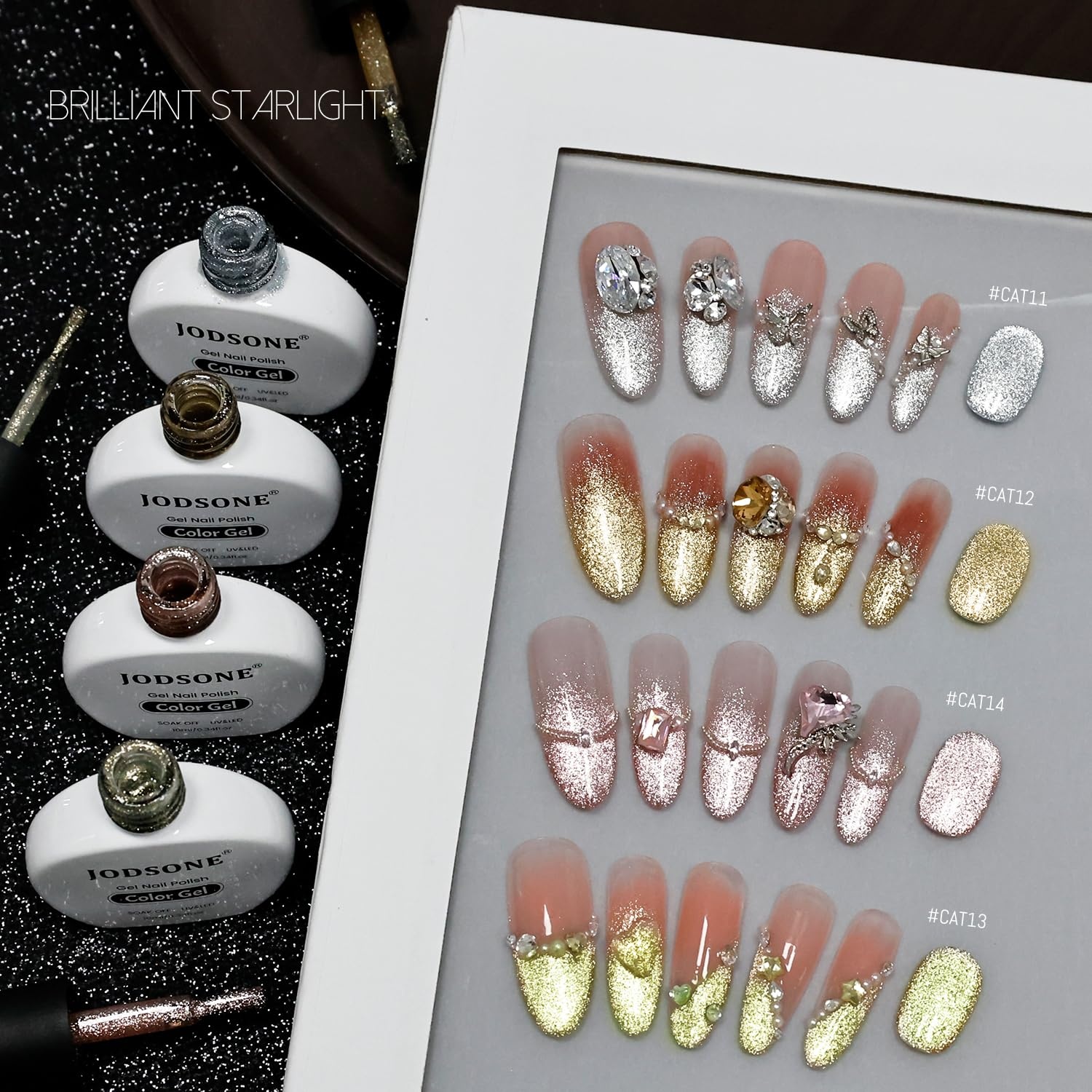 JODSONE Gold Glassy Cat Eye Gel Nail Polish 16.5ml,Holographic Magnetic Cat Eye Gel Polish with Magnet,Reflective Translucent Need U V Curing Salon Gift for Girl & Women,CAT05(10ML-4Colors-CAT11-14)