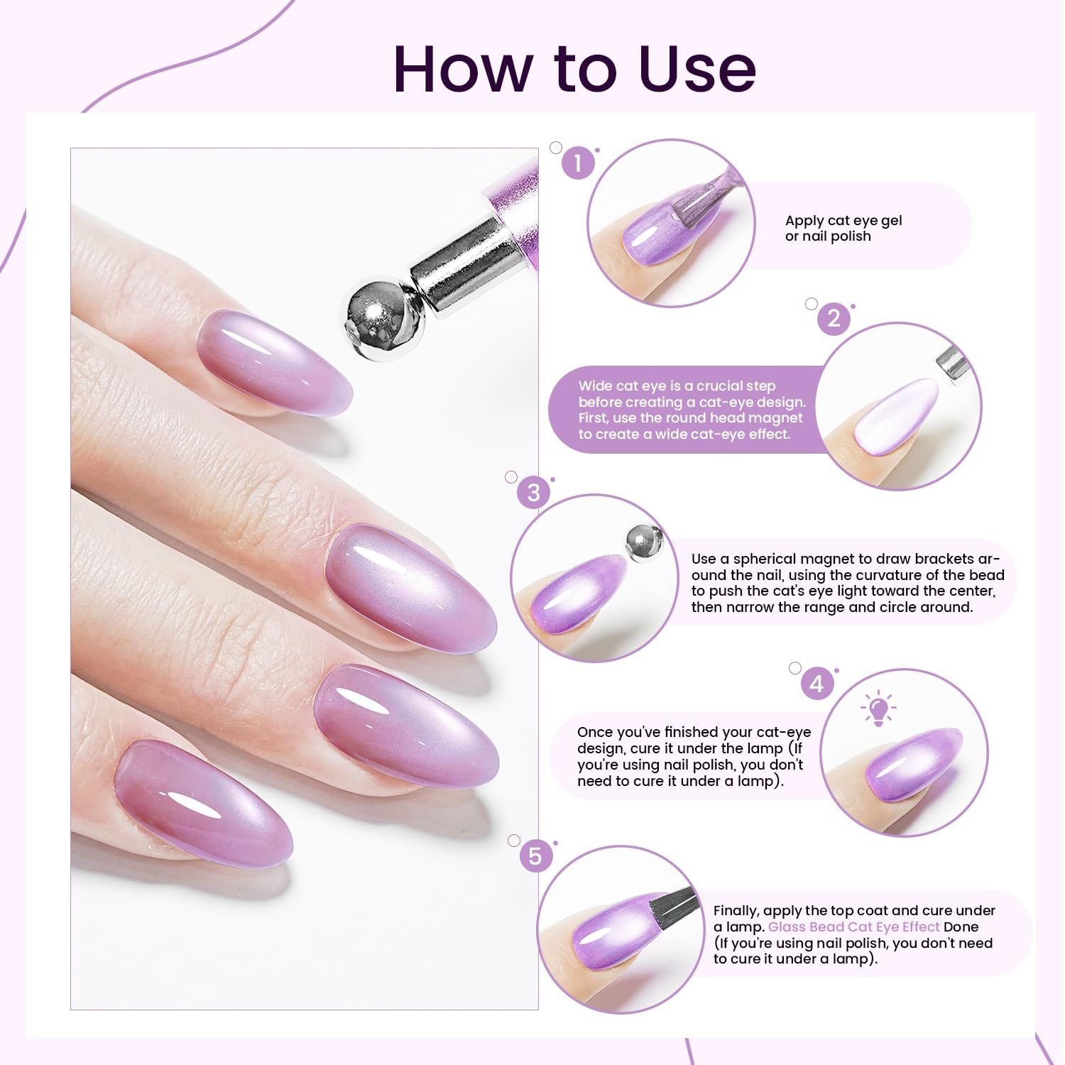 JODSONE 3-in-1 Cat Eye Magnet Nail Art Tool,Purple Cylindrical & Round Ball Nail Magnet Pens, Multi-Effect Magnets for Cat Eye Gel Polish DIY at Home Salon(Purple) - view 3