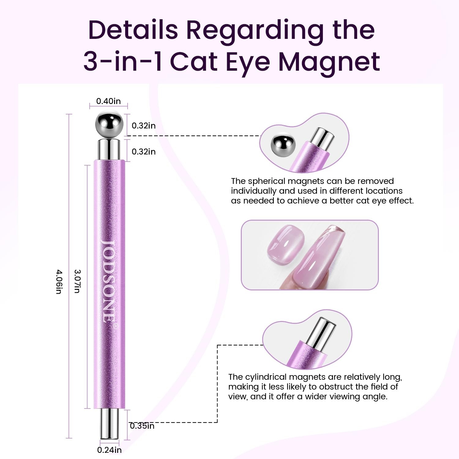 JODSONE 3-in-1 Cat Eye Magnet Nail Art Tool,Purple Cylindrical & Round Ball Nail Magnet Pens, Multi-Effect Magnets for Cat Eye Gel Polish DIY at Home Salon(Purple) - view 4