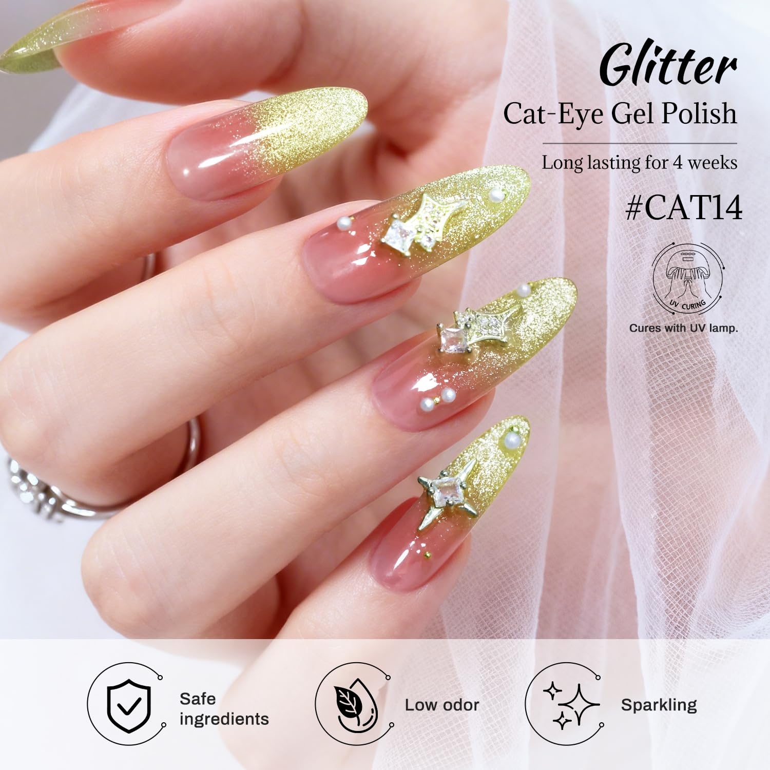 JODSONE Gold Glassy Cat Eye Gel Nail Polish 16.5ml,Holographic Magnetic Cat Eye Gel Polish with Magnet,Reflective Translucent Need U V Curing Salon Gift for Girl & Women,CAT05(16.5ML-CAT14) - view 5