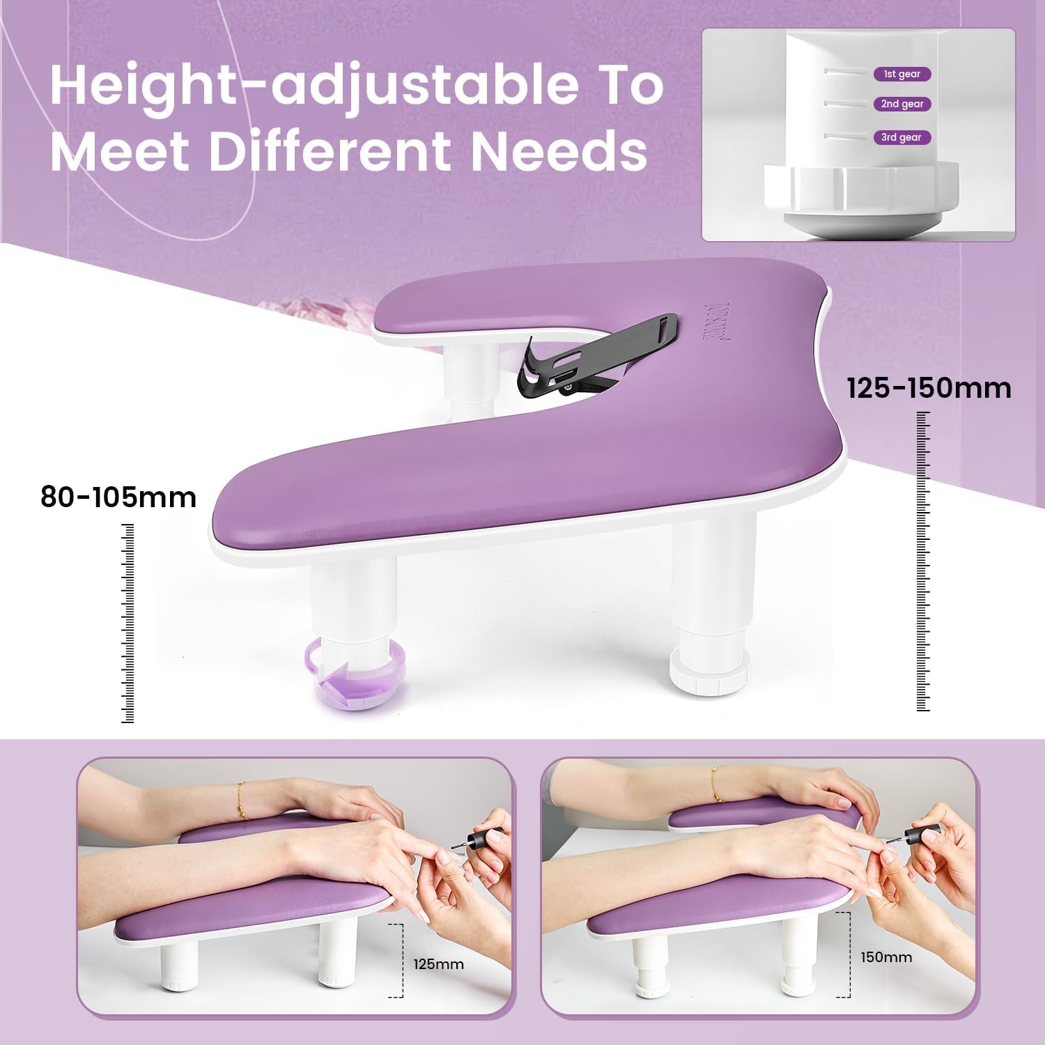 JODSONE U-Shaped Brown Arm Rest for Nails Tech with Rotating 360°Built-In Phone Holder and Adjustable Nail Arm Rest Detachable Manicure Hand Rest for Salon Design(Purple-Without Mat)
