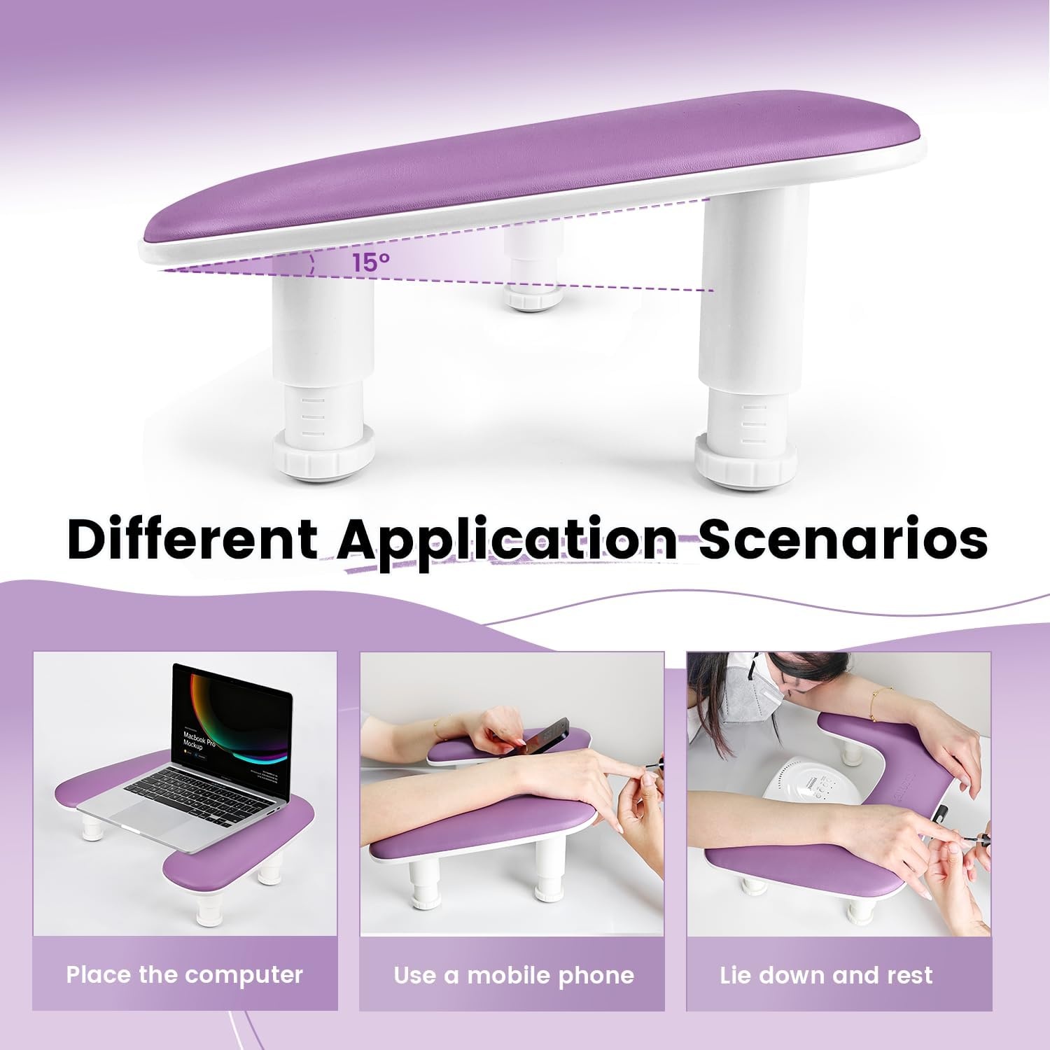 JODSONE U-Shaped Brown Arm Rest for Nails Tech with Rotating 360°Built-In Phone Holder and Adjustable Nail Arm Rest Detachable Manicure Hand Rest for Salon Design(Purple-Without Mat) - view 2
