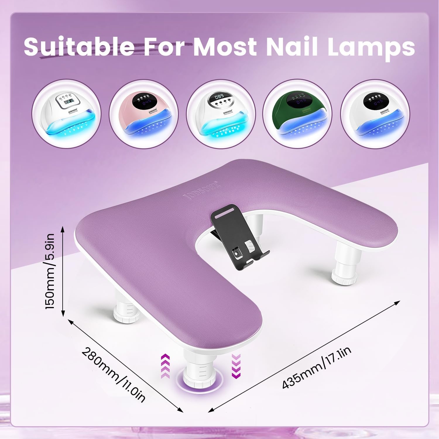 JODSONE U-Shaped Brown Arm Rest for Nails Tech with Rotating 360°Built-In Phone Holder and Adjustable Nail Arm Rest Detachable Manicure Hand Rest for Salon Design(Purple-Without Mat) - view 3