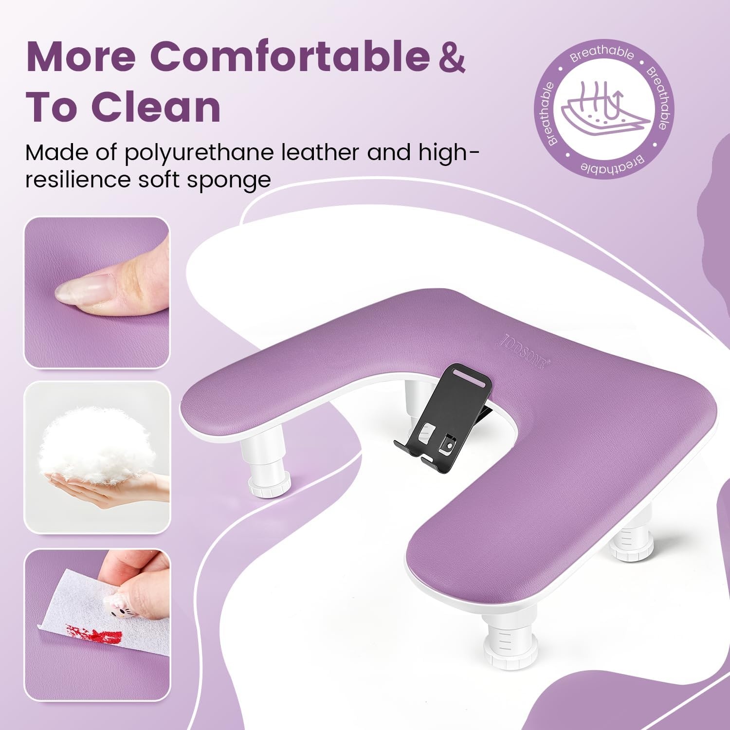 JODSONE U-Shaped Brown Arm Rest for Nails Tech with Rotating 360°Built-In Phone Holder and Adjustable Nail Arm Rest Detachable Manicure Hand Rest for Salon Design(Purple-Without Mat) - view 5