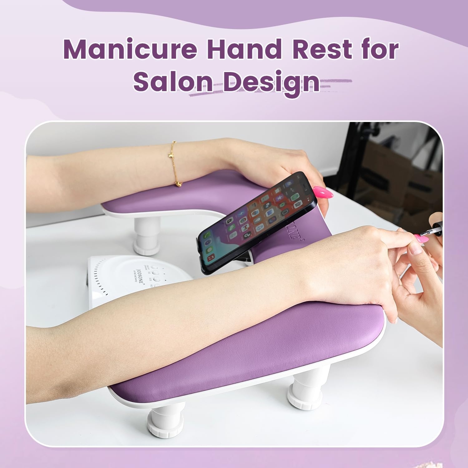 JODSONE U-Shaped Brown Arm Rest for Nails Tech with Rotating 360°Built-In Phone Holder and Adjustable Nail Arm Rest Detachable Manicure Hand Rest for Salon Design(Purple-Without Mat) - view 6