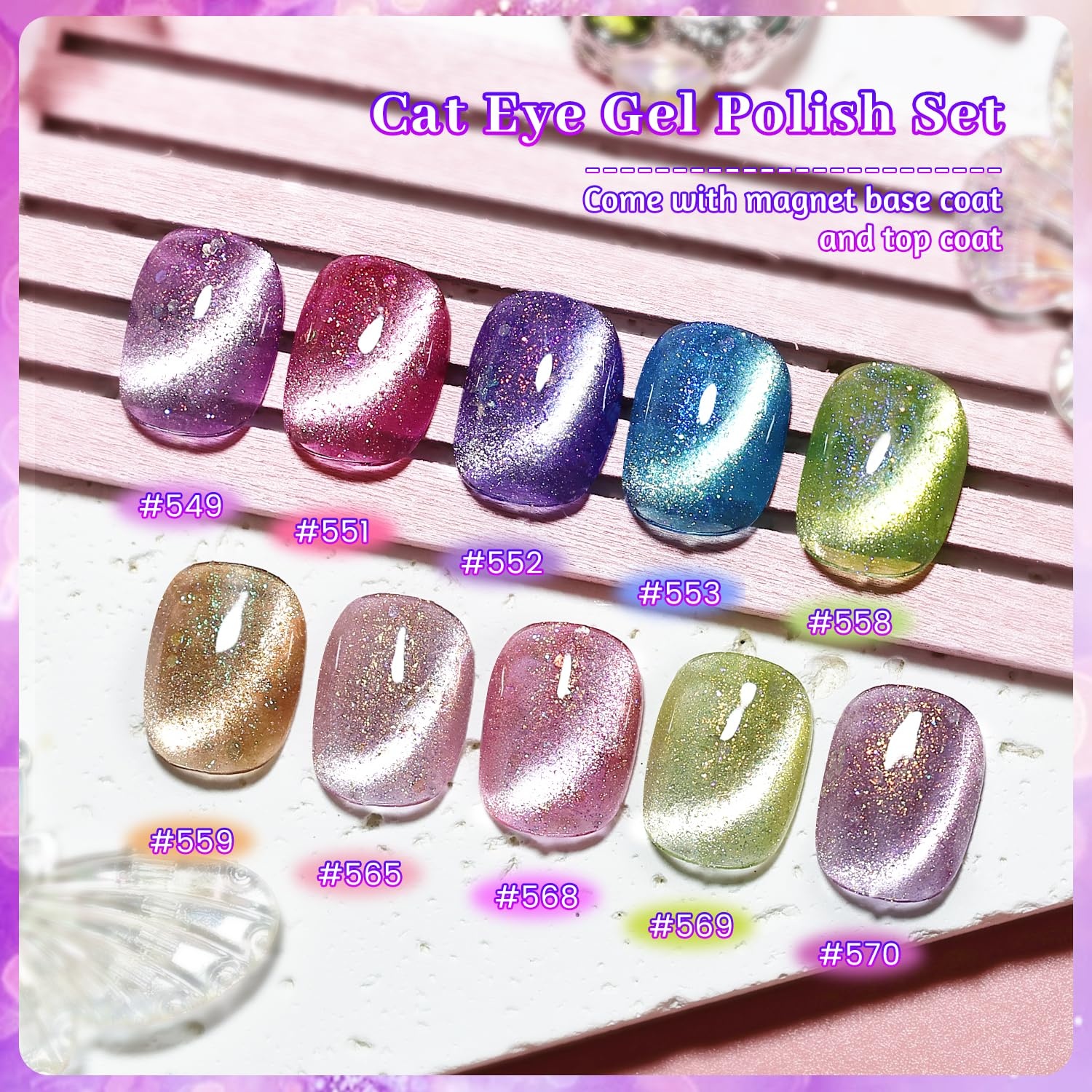 JODSONE Cat Eye Gel Nail Polish 10 Colors Blue Green Red with Base Coat Top Coat Magnet Stick Glazed Amber Cat Eye Gel for Home DIY(10Color-CE-1)